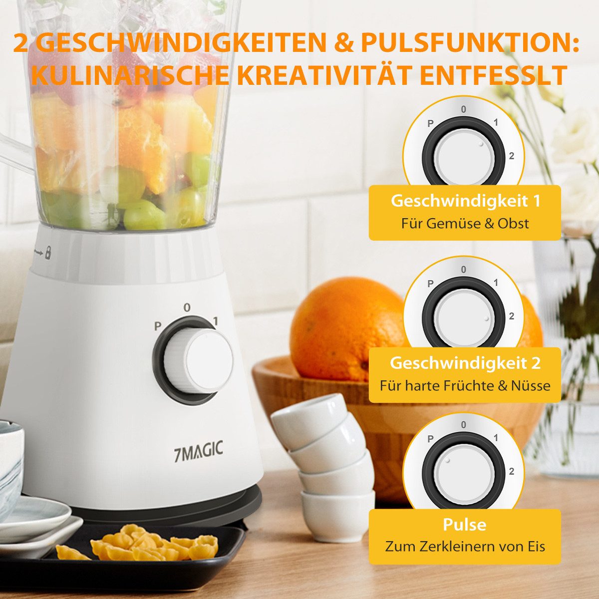 KNKA PRO Standmixer Smoothie Maker, Blender elektrisch, 600 W, 3Gang inkl. Zerkleinerer und Trockenmahlbecher
