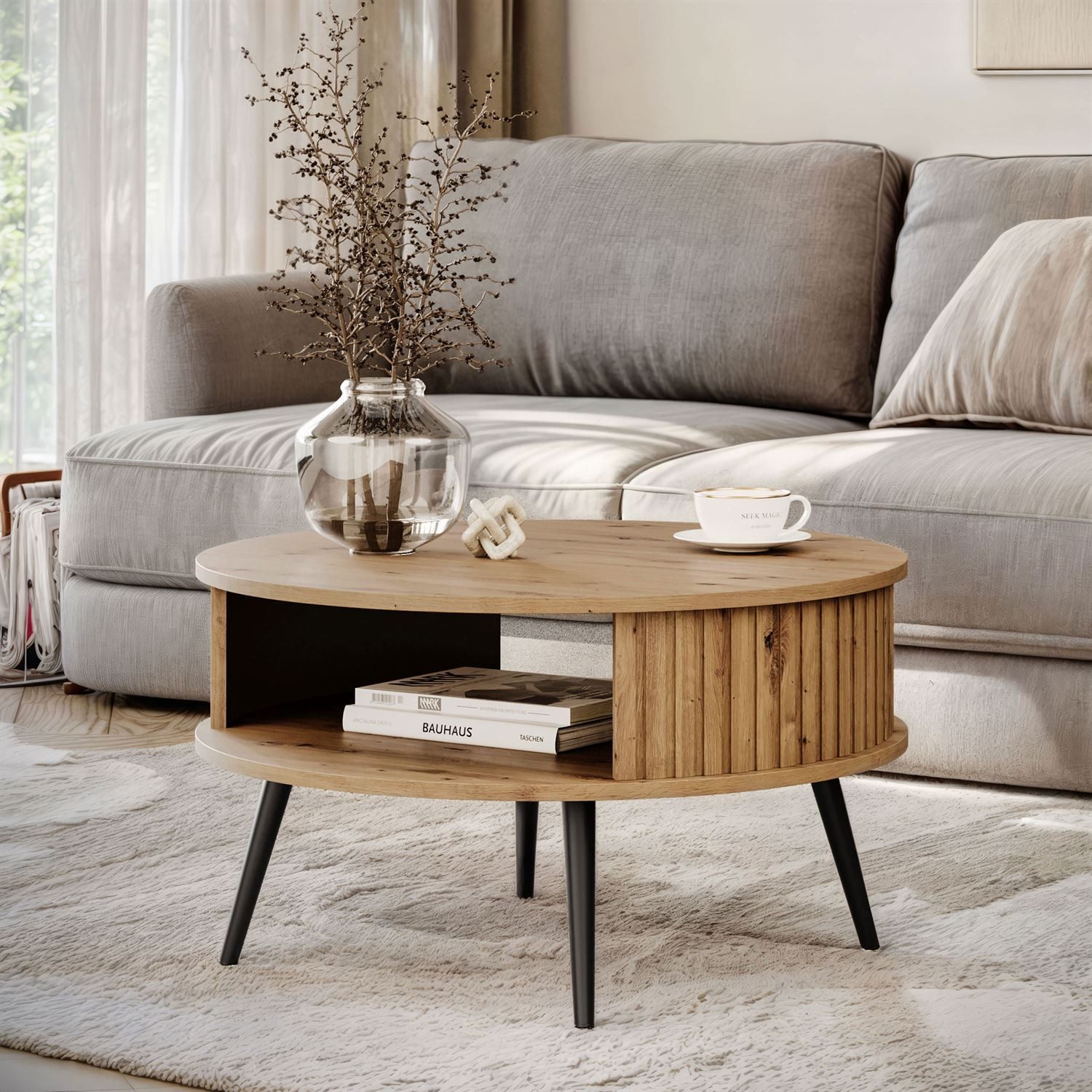 Lookway Couchtisch IVY Runder Sofatisch mit Ablage (1 Tisch), Durchmesser: ⌀ 76 cm