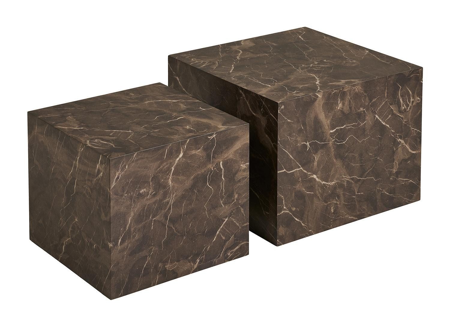 House Nordic Beistelltisch 2-teiliges Set PRAGUE, Braun, MDF, Marmoroptik, B 50 x H 40 x T 50 cm, B 40 x H 36 x T 40 cm