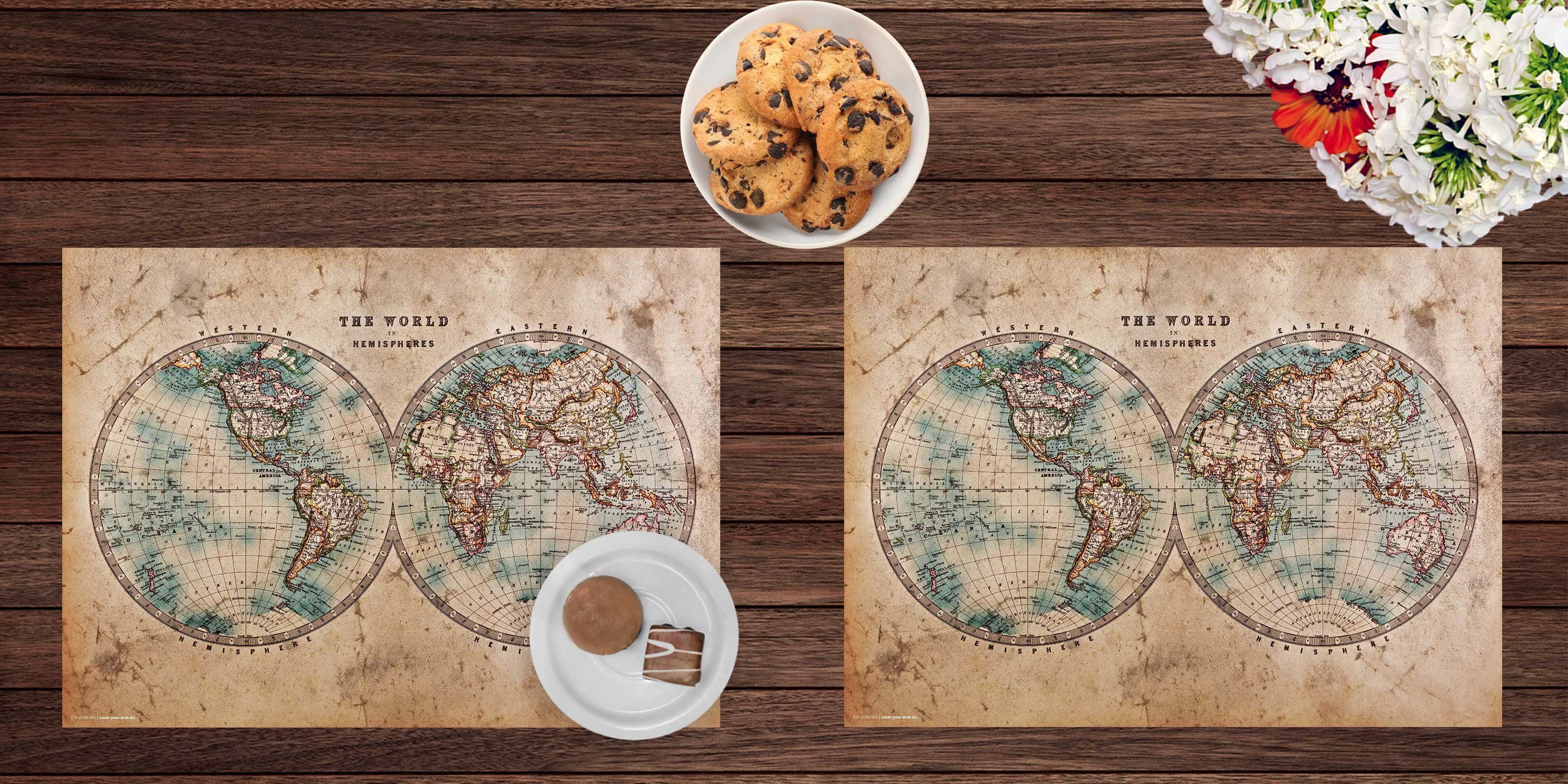 cover-your-desk.de Platzset Tischset, Platzset abwaschbar - Historische Weltkarte - aus Premium Vinyl (Kunststoff - BPA-frei) - 4 Stück - 44 x 32 cm - rutschfeste Tischdekoration!, (4-St)