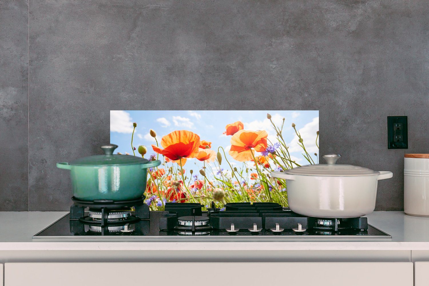 Wandschutz, Blumen Fett Schmutzflecken - und - Küchenrückwand Rot Natur Mohn (1-tlg), gegen - Frühling 60x30 Küchen cm, MuchoWow - Blau, - für