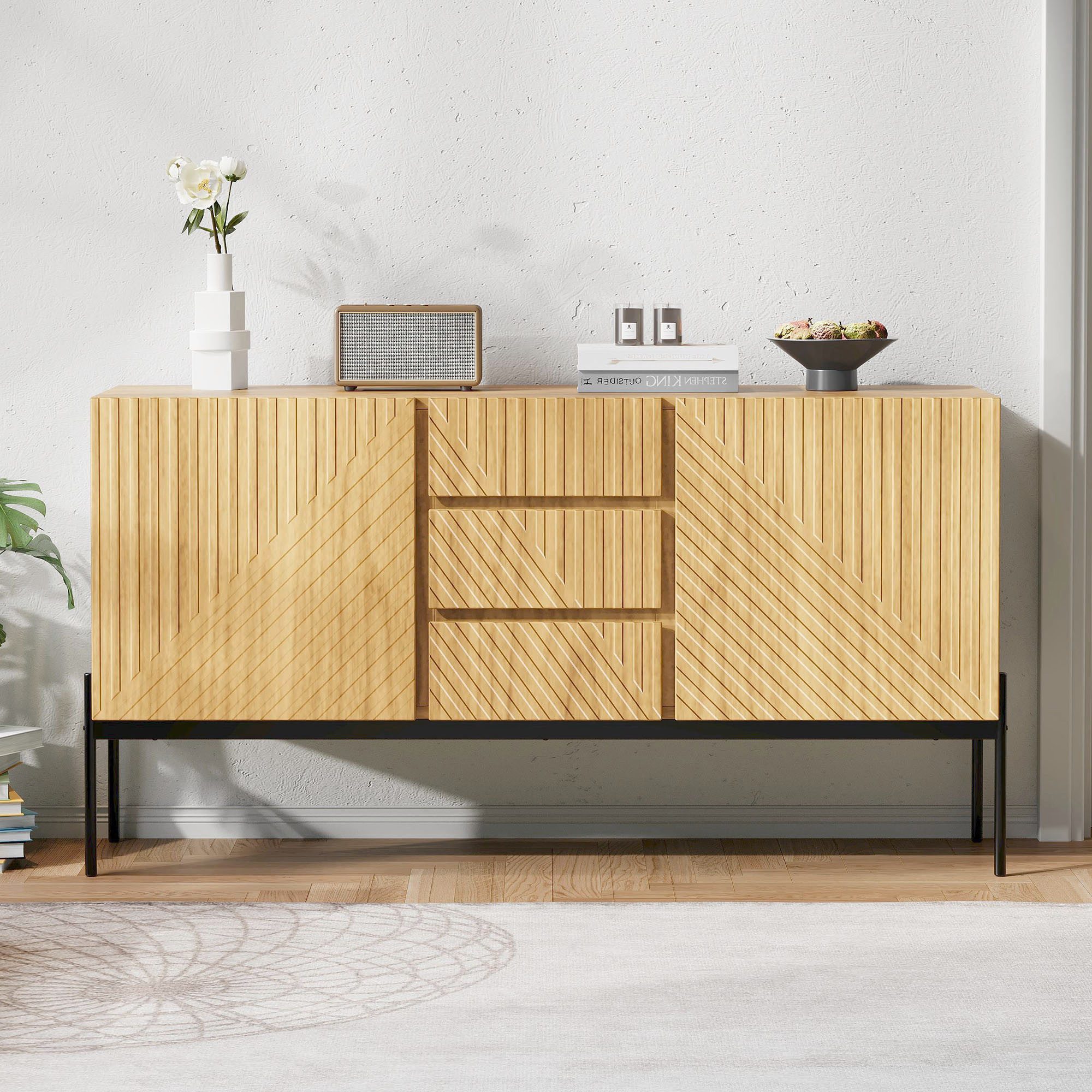 MODFU Sideboard mit großem Stauraum (Elegantes Sideboard mit 2 Türen und 3 Schubladen, Metallbeinen – TV-Schrank, Kommode & Buffet, höhenverstellbare Regale, stilvolles Linien-Design., 1 St), mit 2 Türen und 3 Schubladen