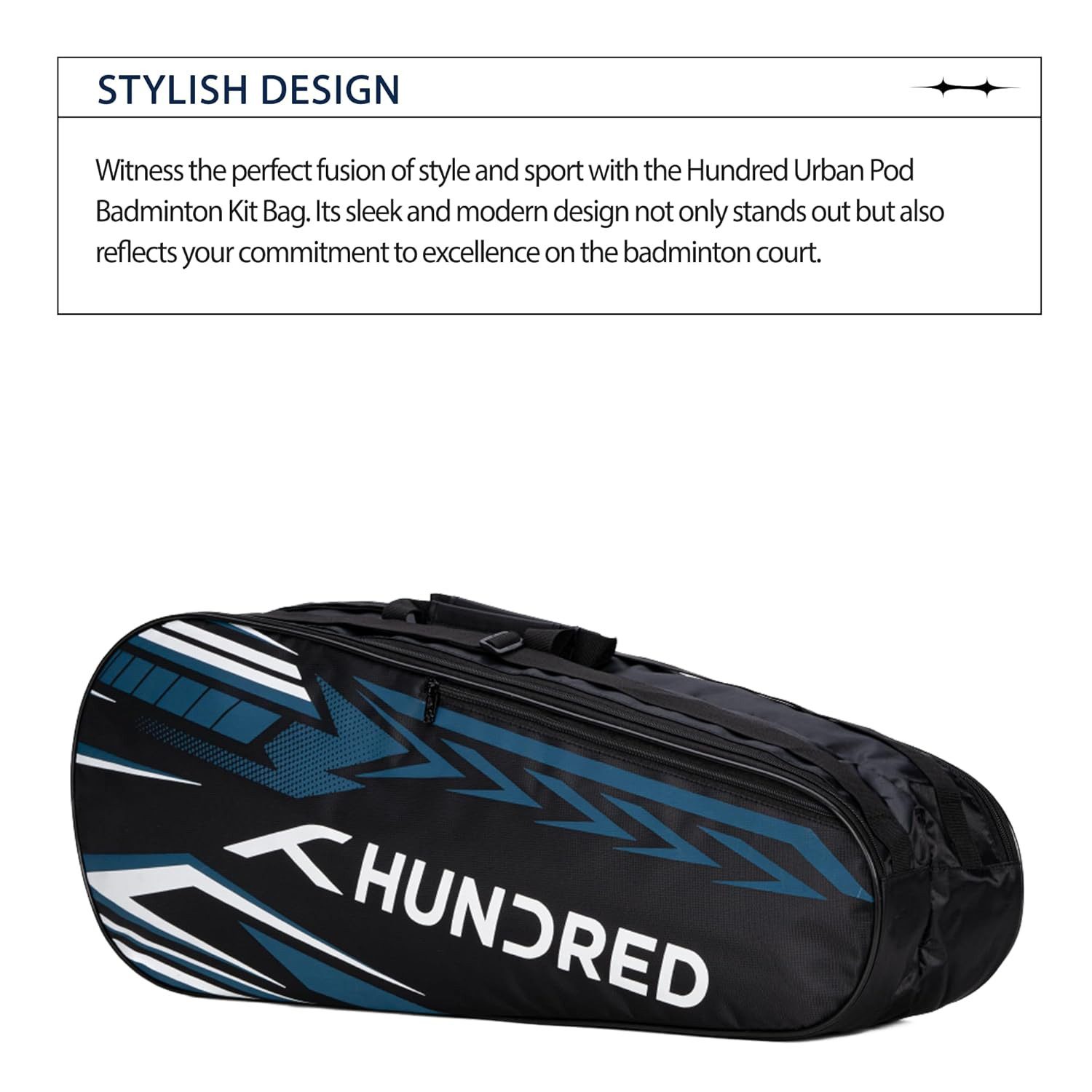 hundred Sporttasche Urban Pod Sporttasche Badminton Groß Schwarz Blau Polyester (Badminton-Taschenset, 3 Fächer, Außentasche, Schuhfach), Schuhfach, Doppelreißverschluss, ergonomischer Sling