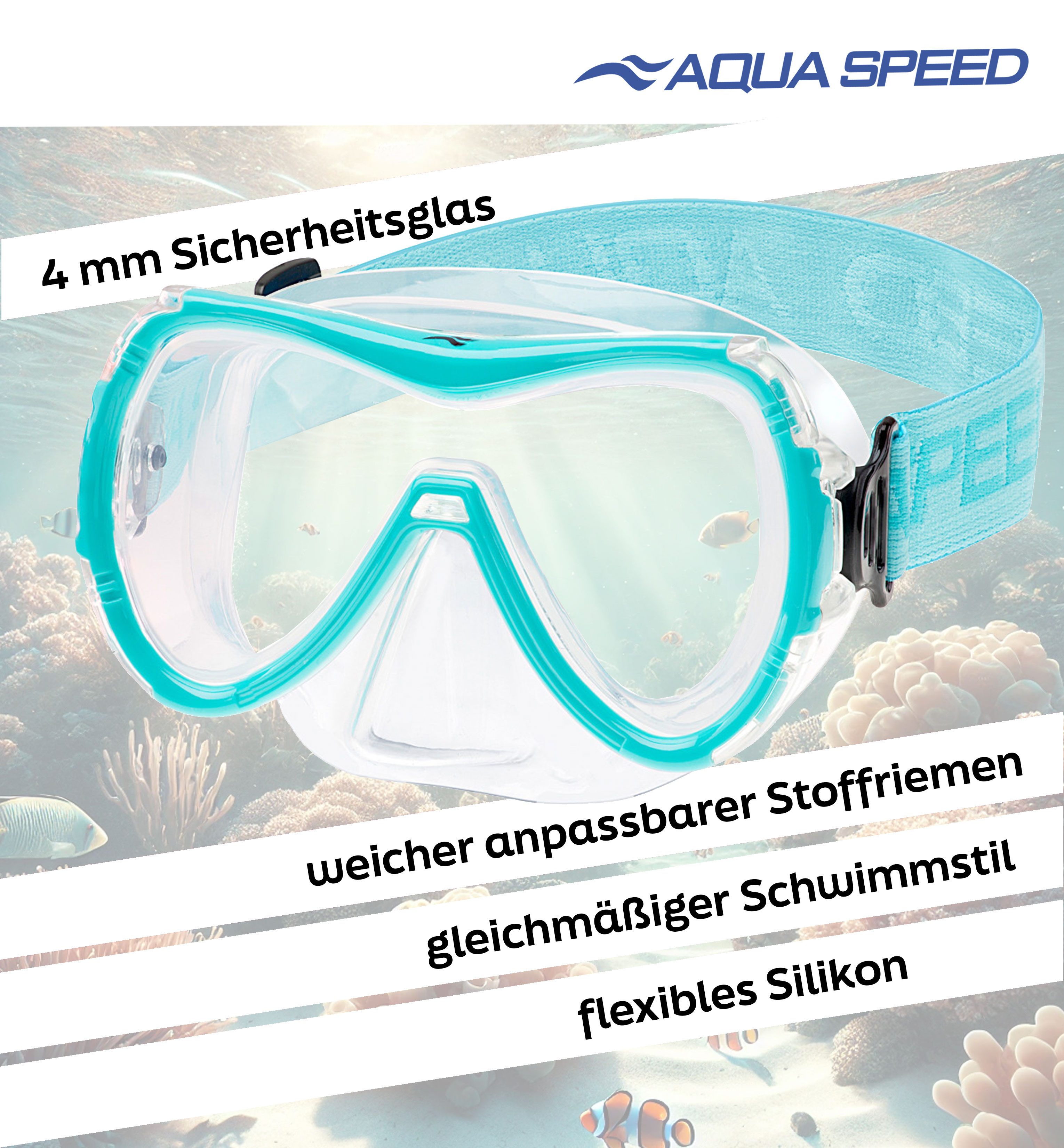 Aqua Speed Schnorchel RAY FS Tauchmaske mit Stoff-Kopfband für Erwachsene / Jugendliche (Einzel Schwimmmaske mit gehärtetem Glas), Taucherbrille Stoffband Einze – Bild 2 von 5