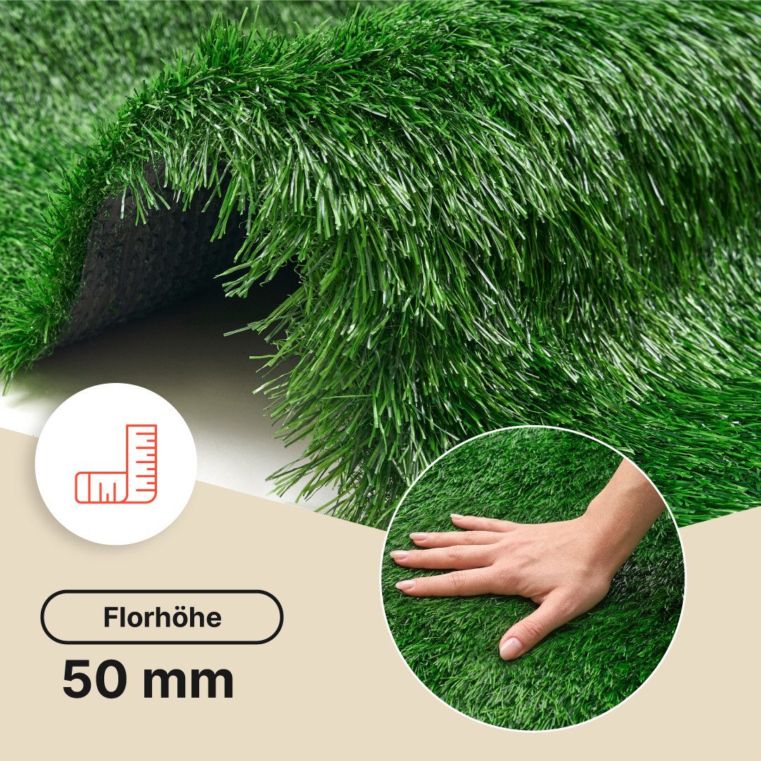 Tapiso Kunstrasen VERDE, rechteckig, Höhe: 50 mm, UV-beständig, pflegeleicht, wetterfest für Garten & Terrasse