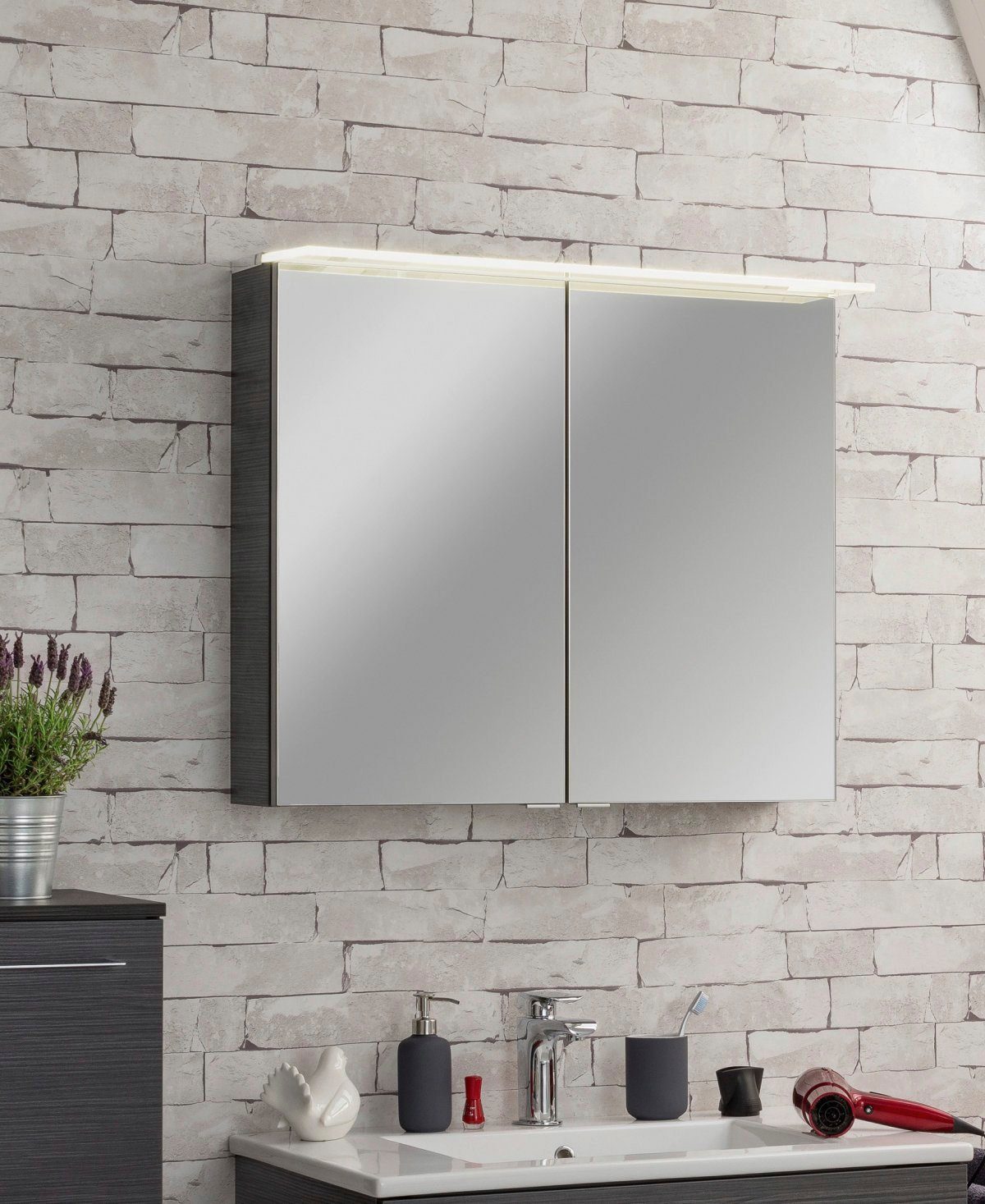 FACKELMANN Spiegelschrank PE Breite 80 doppelseitig 2 - Badmöbel Dark-Oak 80 cm, Türen, verspiegelt