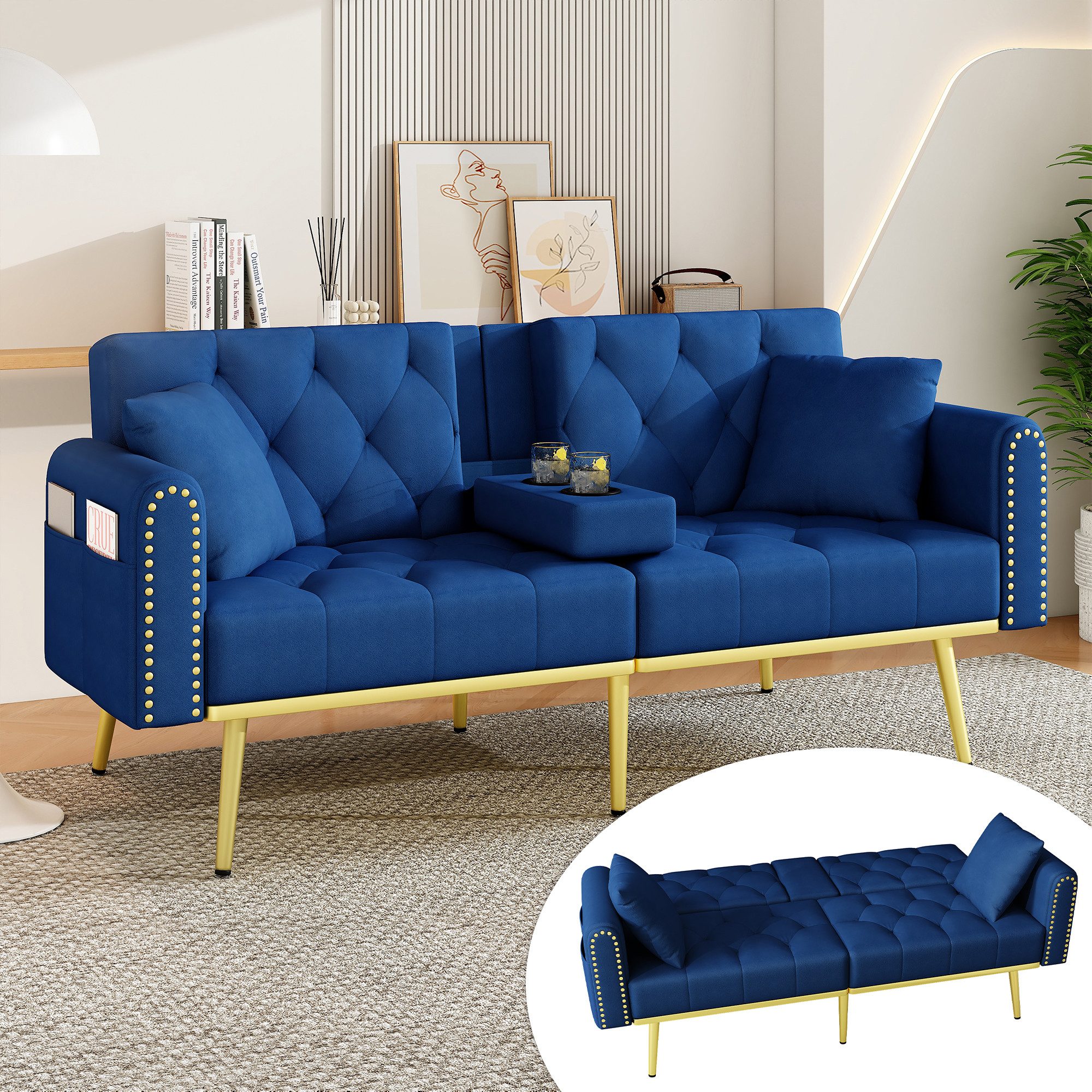 Merax Schlafsofa mit 3 verstellbaren Neigungswinkeln & ausklappbarer Liegefunktion, 2 sitzer Klappsofa Polstersofa mit bettfunktion 1 Teile, Sofa klappbar mit Getränkehalter, Zierkissen & Seitentasche, Samtbezug