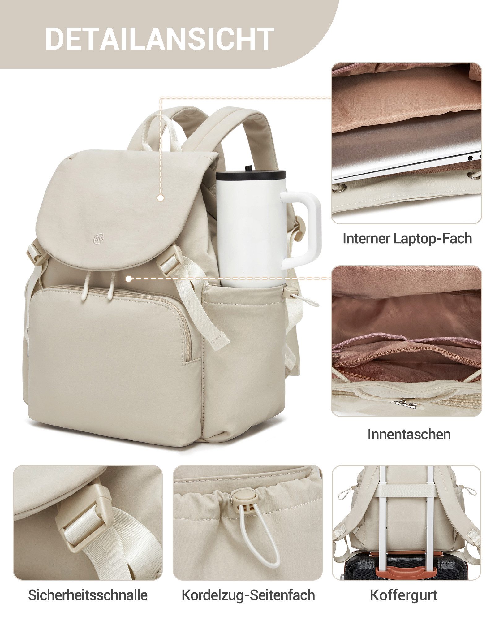 Miss Lulu Rucksack Leichter Rucksack Damen – Kompakter Cityrucksack mit 13" Laptopfach – Bild 5 von 5