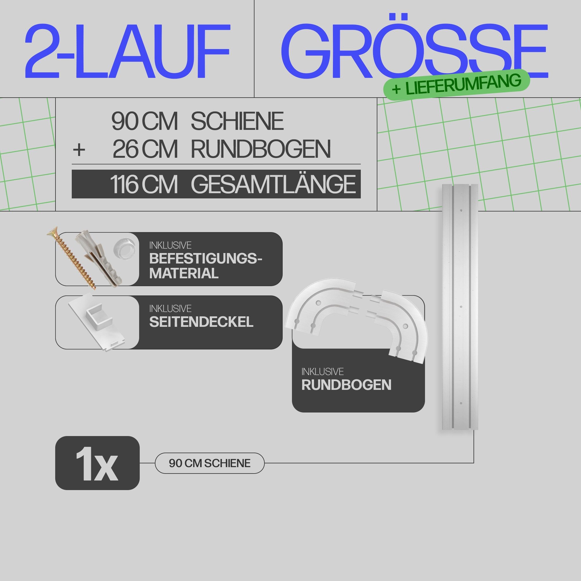 Bestlivings Gardinenschiene Innenlauf Komplettset 90-480 cm, 2-läufig, 90 cm, mit Bohren, verschraubt, Kunststoff, flach, weiß, inkl. Befestigungsset