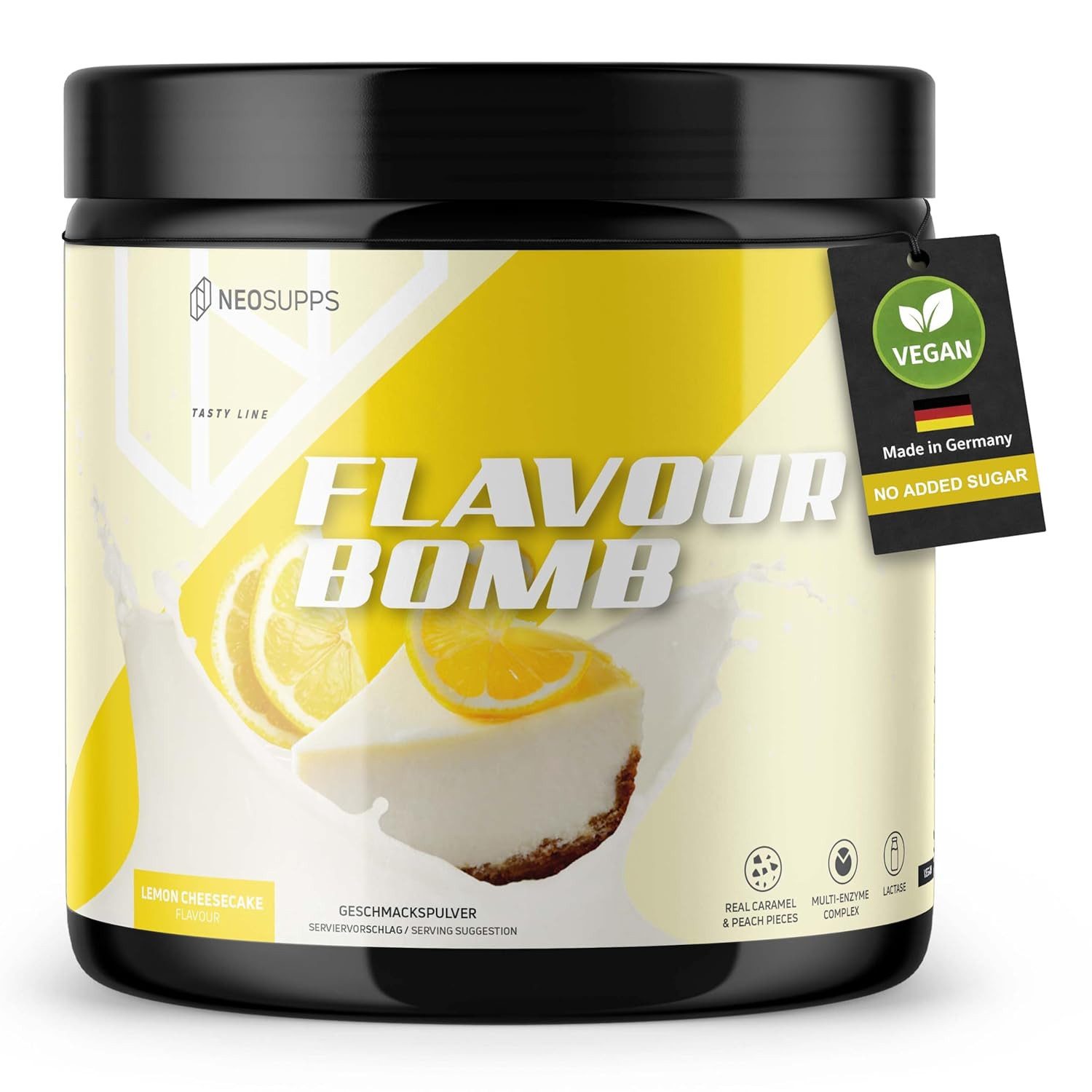 Neosupps Geschmackspulver, Lemon Cheesecake 250g, Kalorienarm & zuckerreduziert Pulver, 250 g, einsetzbar für Lebensmittel & Getränke, geprüfte Qualität
