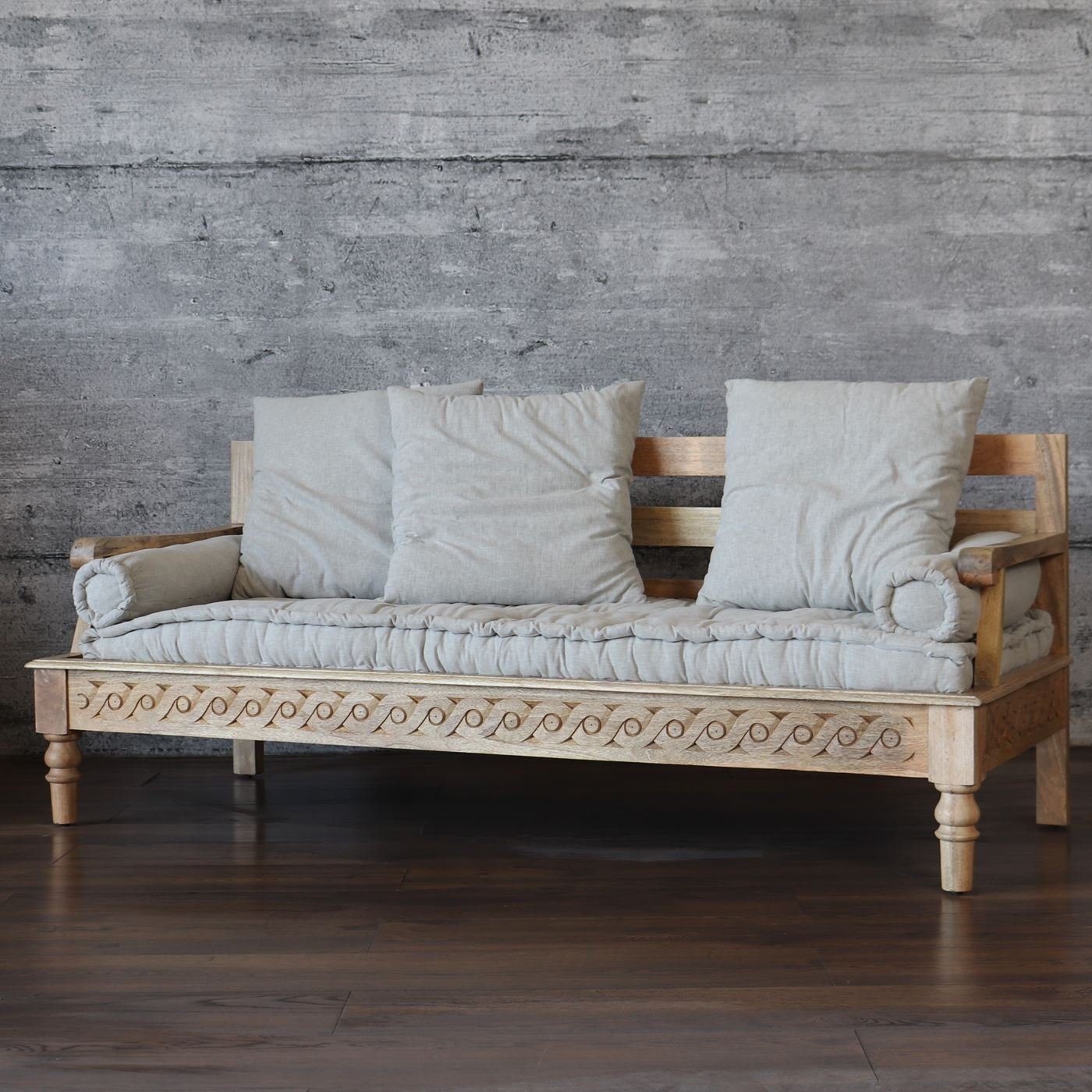 baario 3-Sitzer Sofa BOHO 3-Sitzer, massiv Mangoholz & Leinen rustikal  Style Vintage Holzsofa