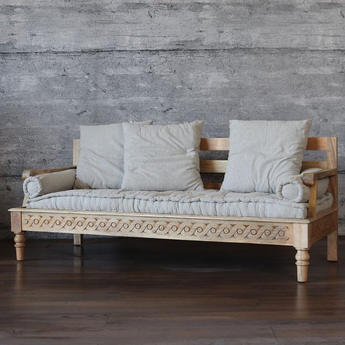 baario 3-Sitzer Sofa BOHO 3-Sitzer massiv Mangoholz & Leinen rustikal Style Vintage Holzsofa