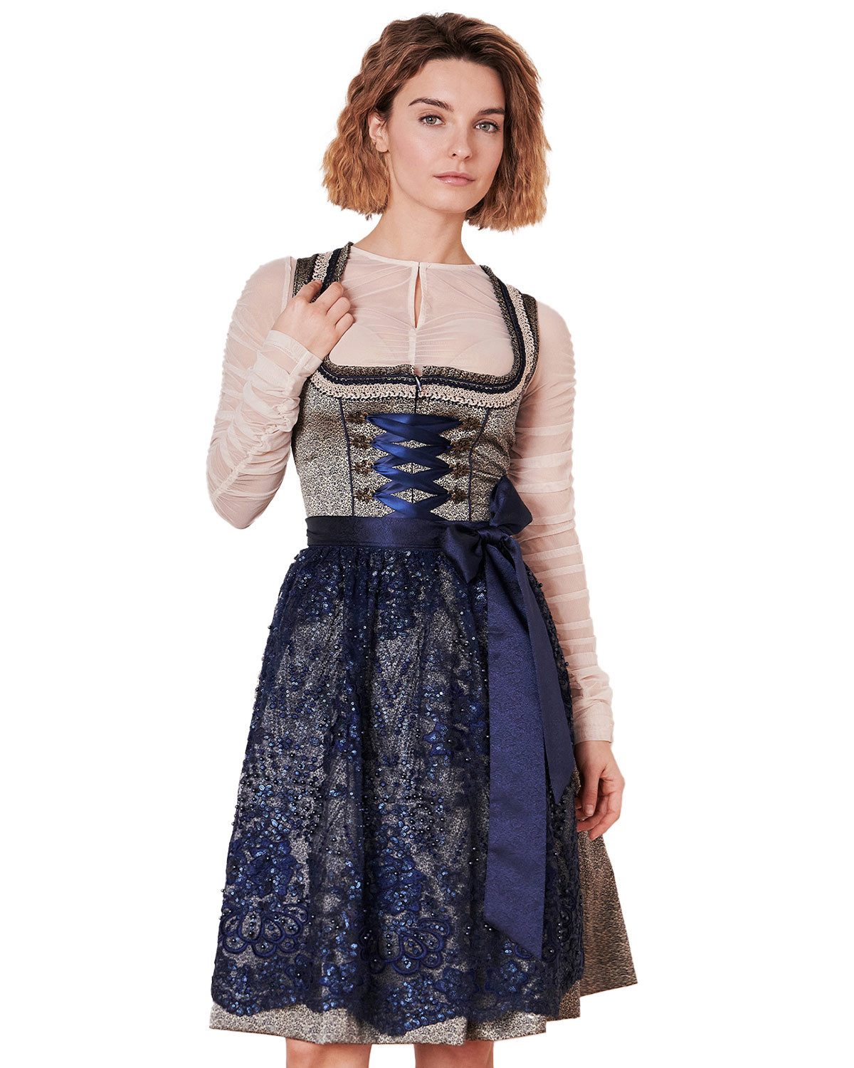 Krüger Madl Dirndl Dirndl 'Isi' mit Spitzenschürze 415367, Blau 60cm
