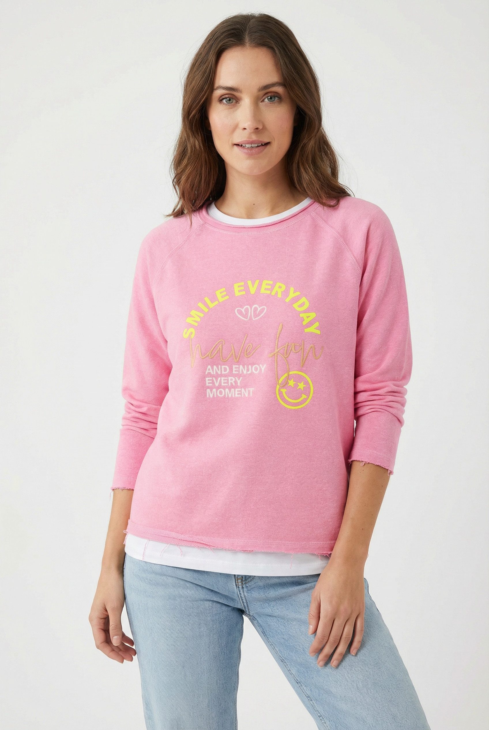 Zwillingsherz Sweatshirt "Smile Everyday" mit Used-Look Kanten und Stickerei