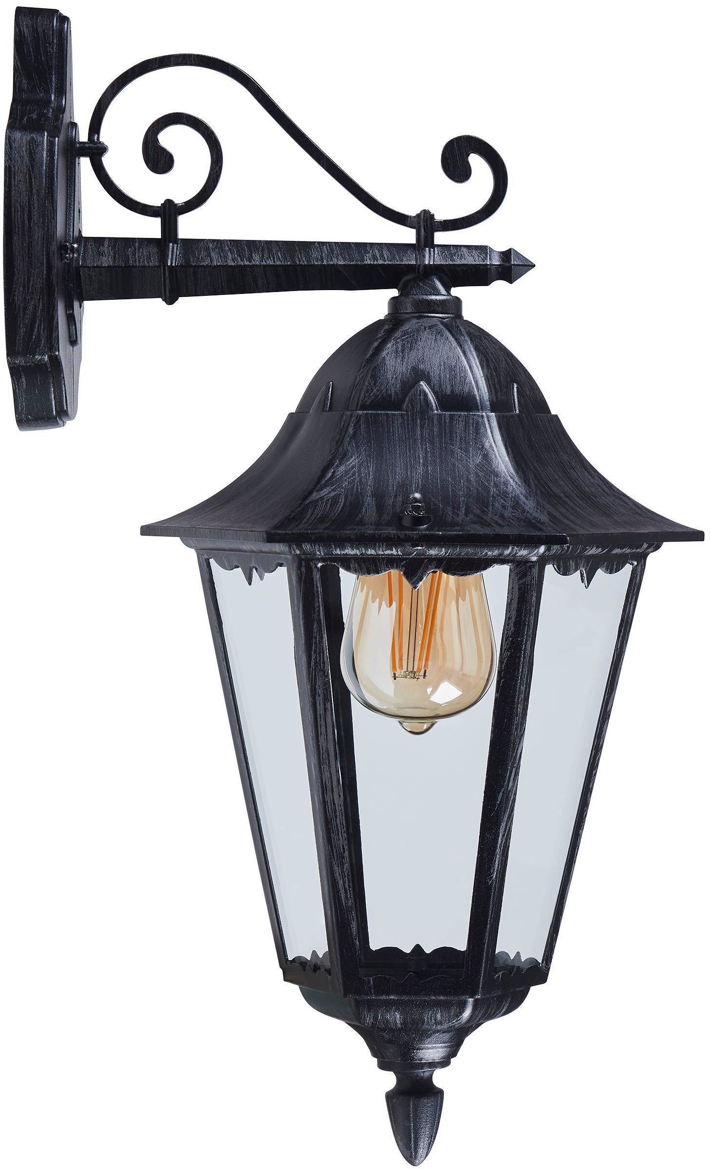 EGLO Wandleuchte Navedo Außen-Wandlampe, Wandlampe aus Aluguss und Glas, E27, IP44, ohne Leuchtmittel, Wand-/Deckenleuchte - L20 x H47,5 x AL28,5 cm - schwarz, silber-patina
