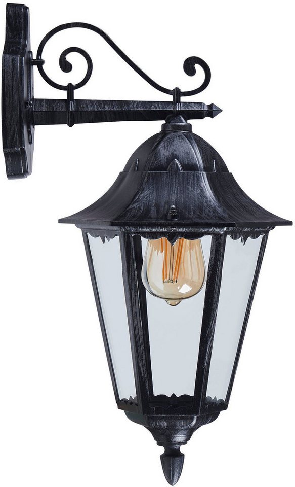 EGLO Wandleuchte Navedo Außen-Wandlampe, Wandlampe aus Aluguss und Glas, E27, IP44, ohne Leuchtmittel, Wand-/Deckenleuchte - L20 x H47,5 x AL28,5 cm - schwarz, silber-patina