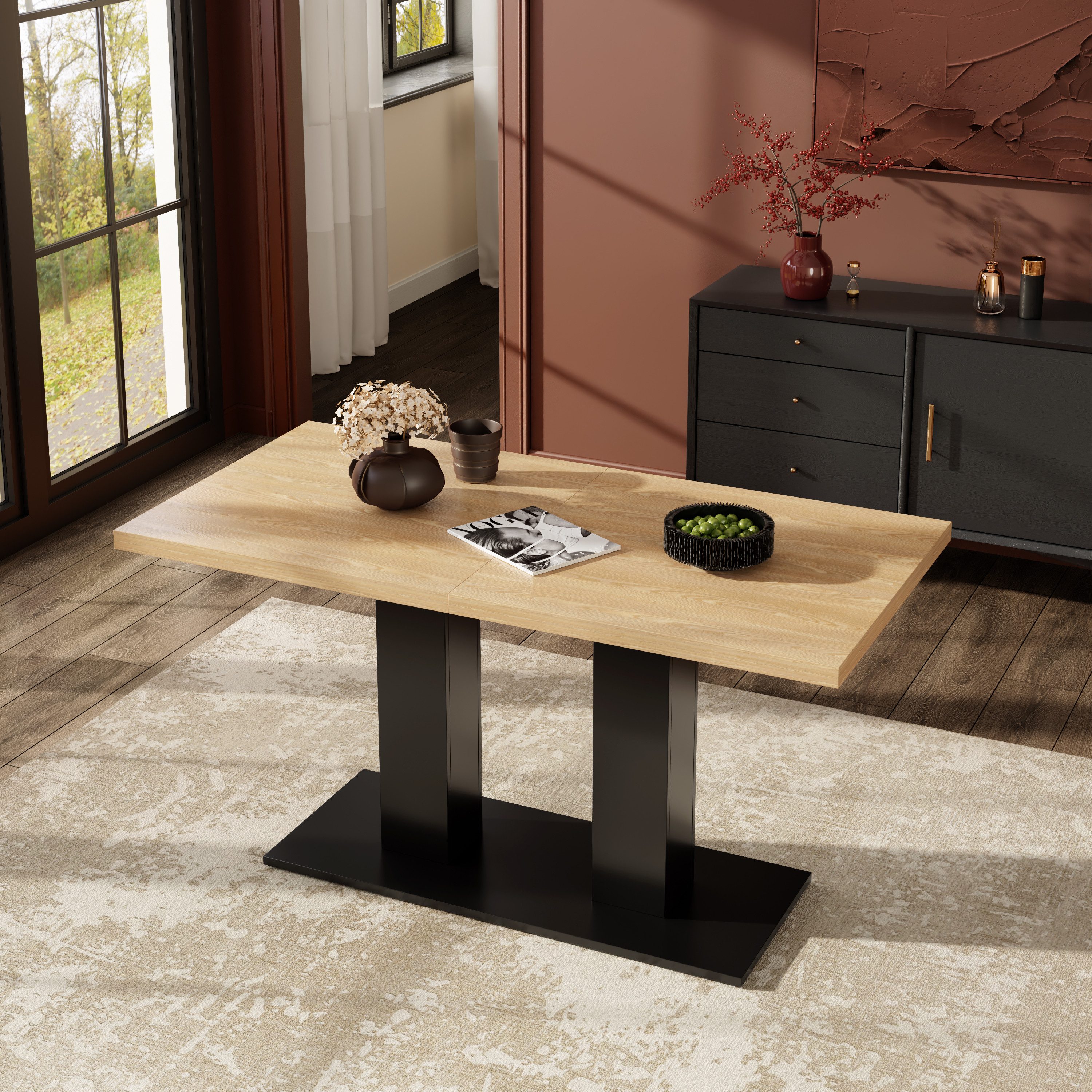 Flieks Esstisch (Länge 140-180/T70/H75 cm, Tischplattenstärke 3cm, 1-St., 1 Tisch), ausziehbarer Küchentisch rechteckig Bürotisch Holzptik Natur&Schwarz