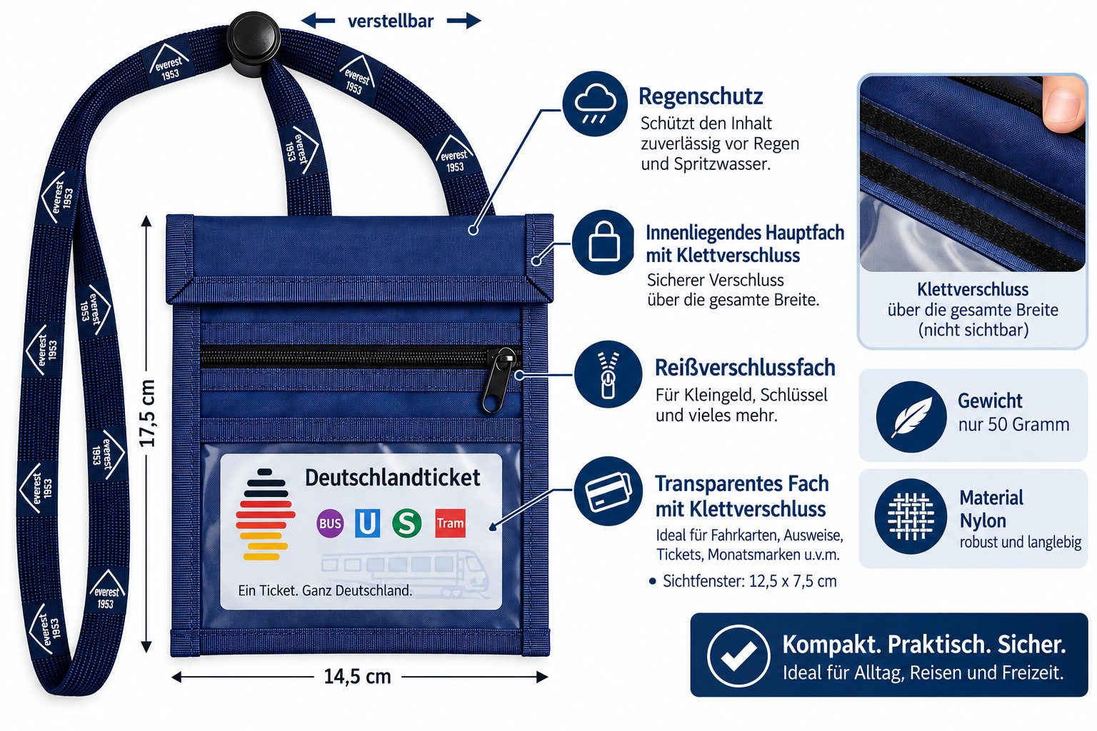 everest 1953 Brustbeutel Klettverschluss Sichtfenster Brusttasche Reisepassülle, Sichtfenster ist mit Klettverschluß auch verschließbar – Bild 3 von 4