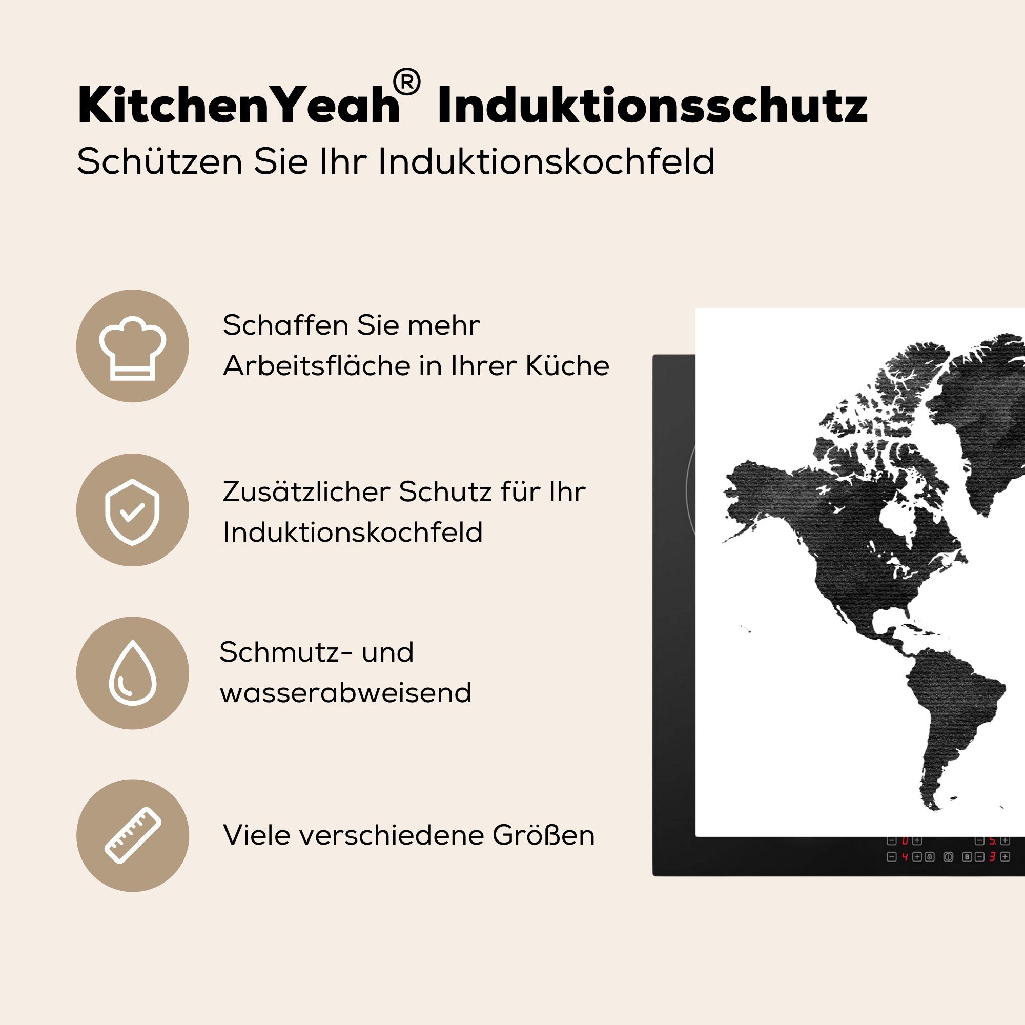 tlg), küche, Induktionskochfeld Schutz Vinyl, cm, für Vintage Weltkarte 81x52 - MuchoWow - (1 die Ceranfeldabdeckung Schwarz, Herdblende-/Abdeckplatte