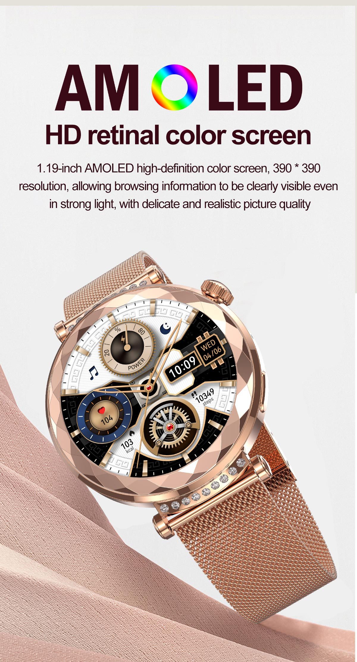 Zevelora Elegant Damen's Telefonfunktion 180mAh Prämie Smartwatch (1,19 Zoll, Android/iOS), Elegantes Handgelenkgerät mit Fitness-Tracking & Premium Funktionen