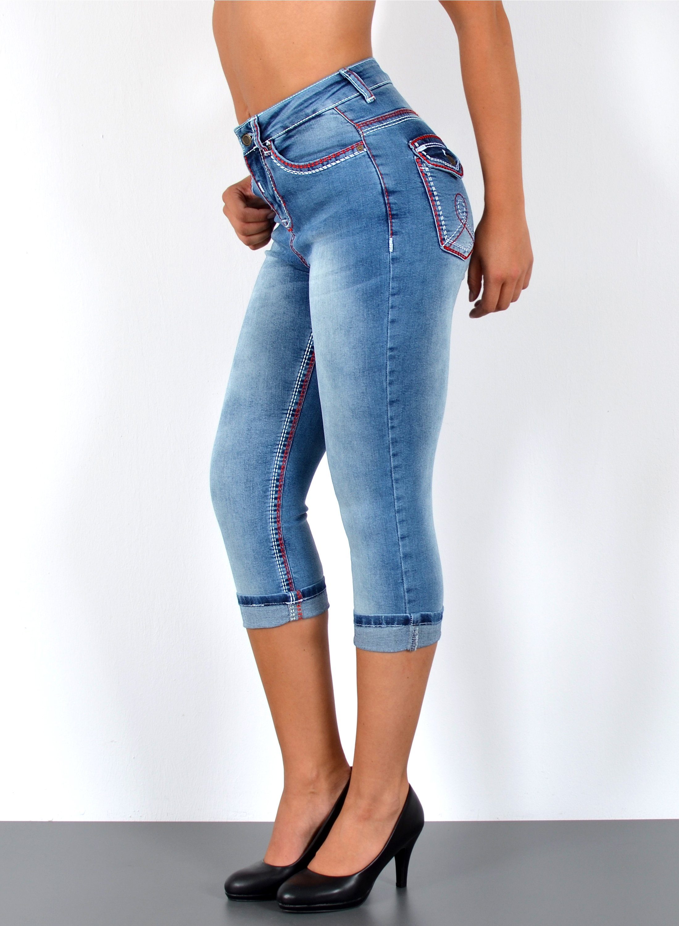 ESRA Caprijeans 3/4 Capri Jeans Damen High Waist weiße Naht Jeans Kontrastn günstig online kaufen