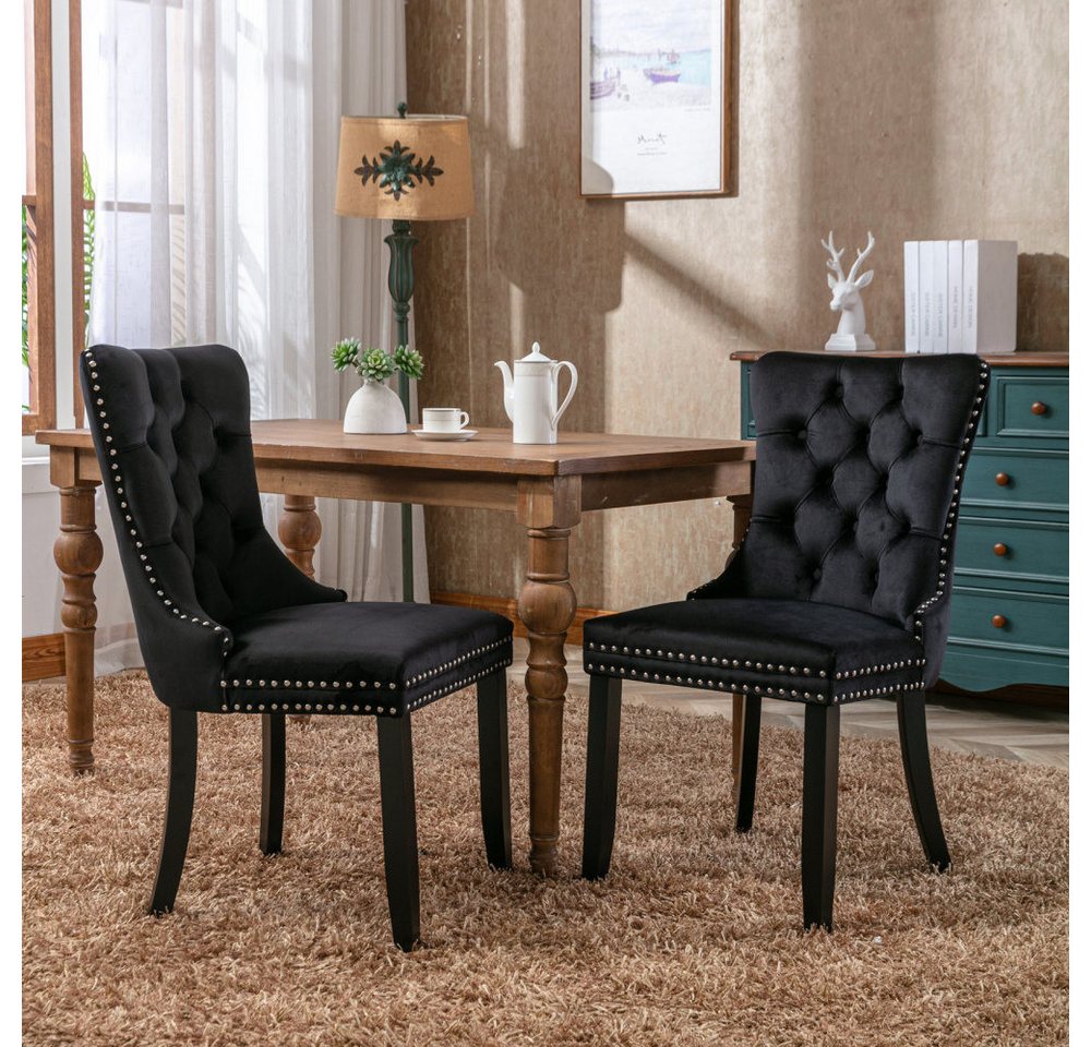 BBG Esszimmerstuhl 2er Set Esszimmerstühle Samt Chesterfield, bis 130 kg, French Style (Polsterstühle mit Knopfheftung & Ziernieten, Massivholz Rubberwood, 2 St), Hochlehner Dining Stuhl gepolstert