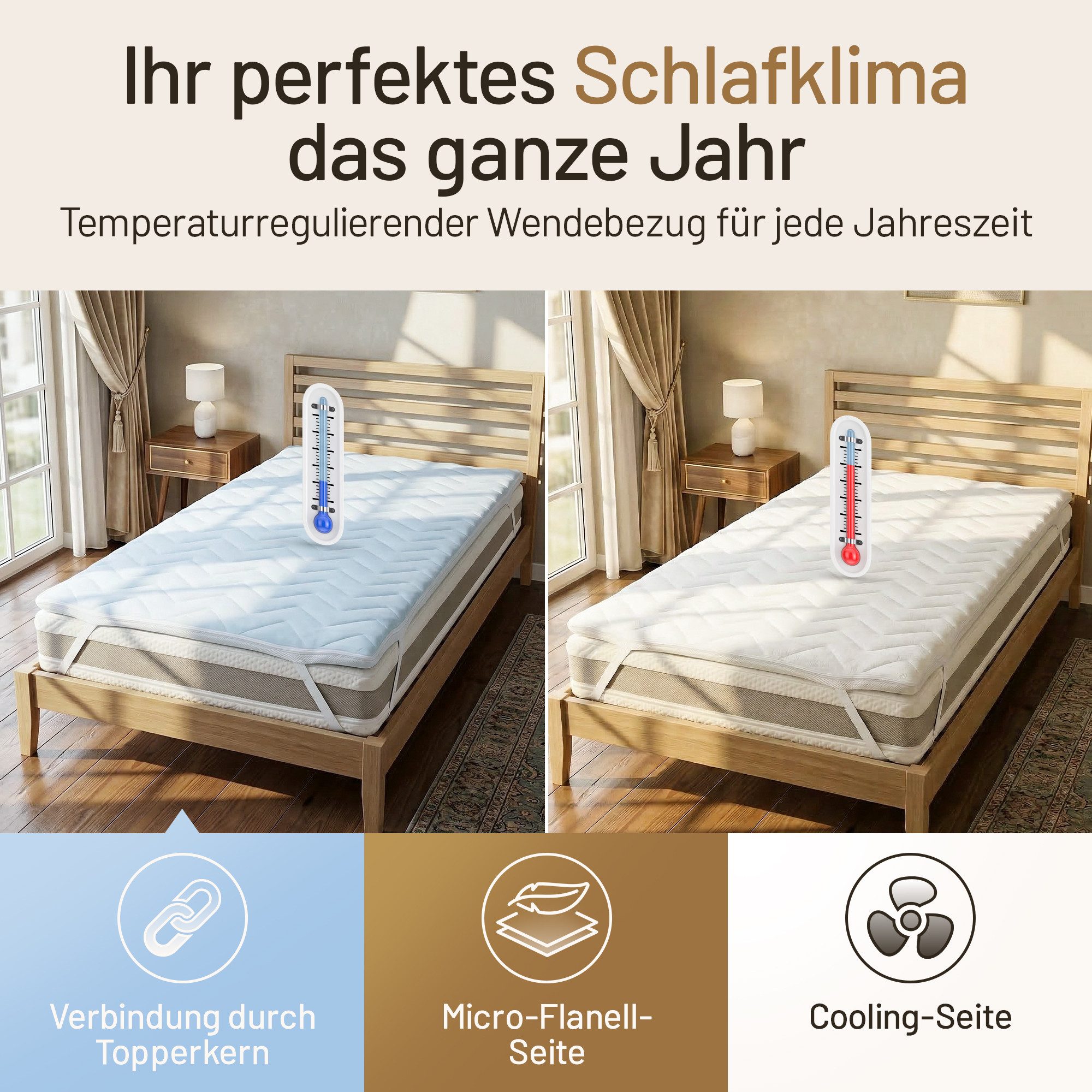 Herlag, Topper Matratzentopper Visco 2 in 1 kühlend, 7 cm hoch – Wendbare Sommer&Winterseite – Memory Foam 3 Größen