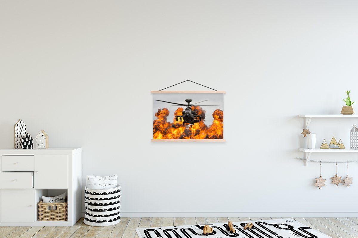 MuchoWow Magnetisch Amerika Poster - braun (1 Posterleiste, St), Hubschrauber für Wohnzimmer, Textilposter | - braun Feuer, Bilderleiste,