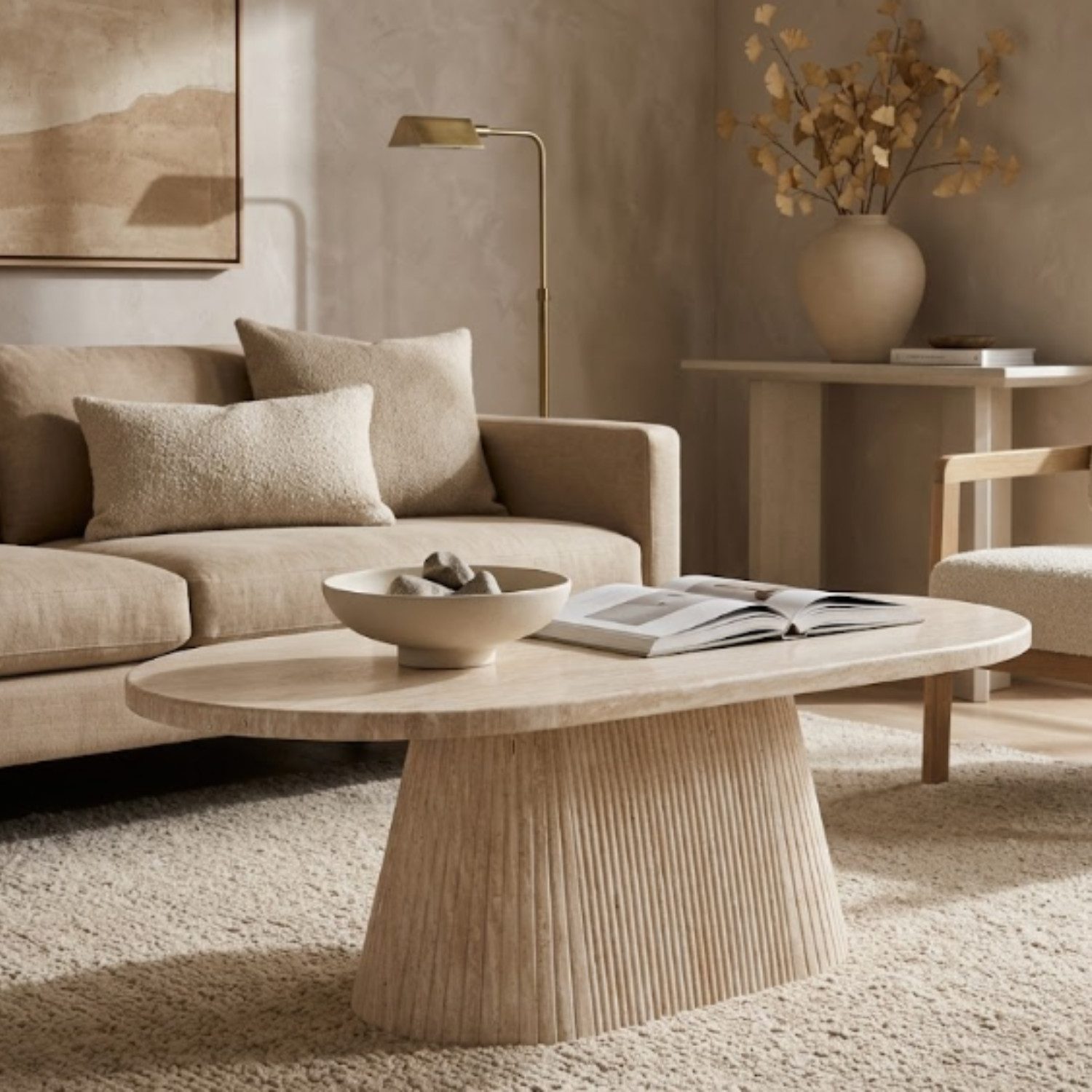 alesvelt Couchtisch Dervio Travertin Tisch mit edlem Tischbein im Säulenstil 130cm (1-Tisch), 130x70x45cm