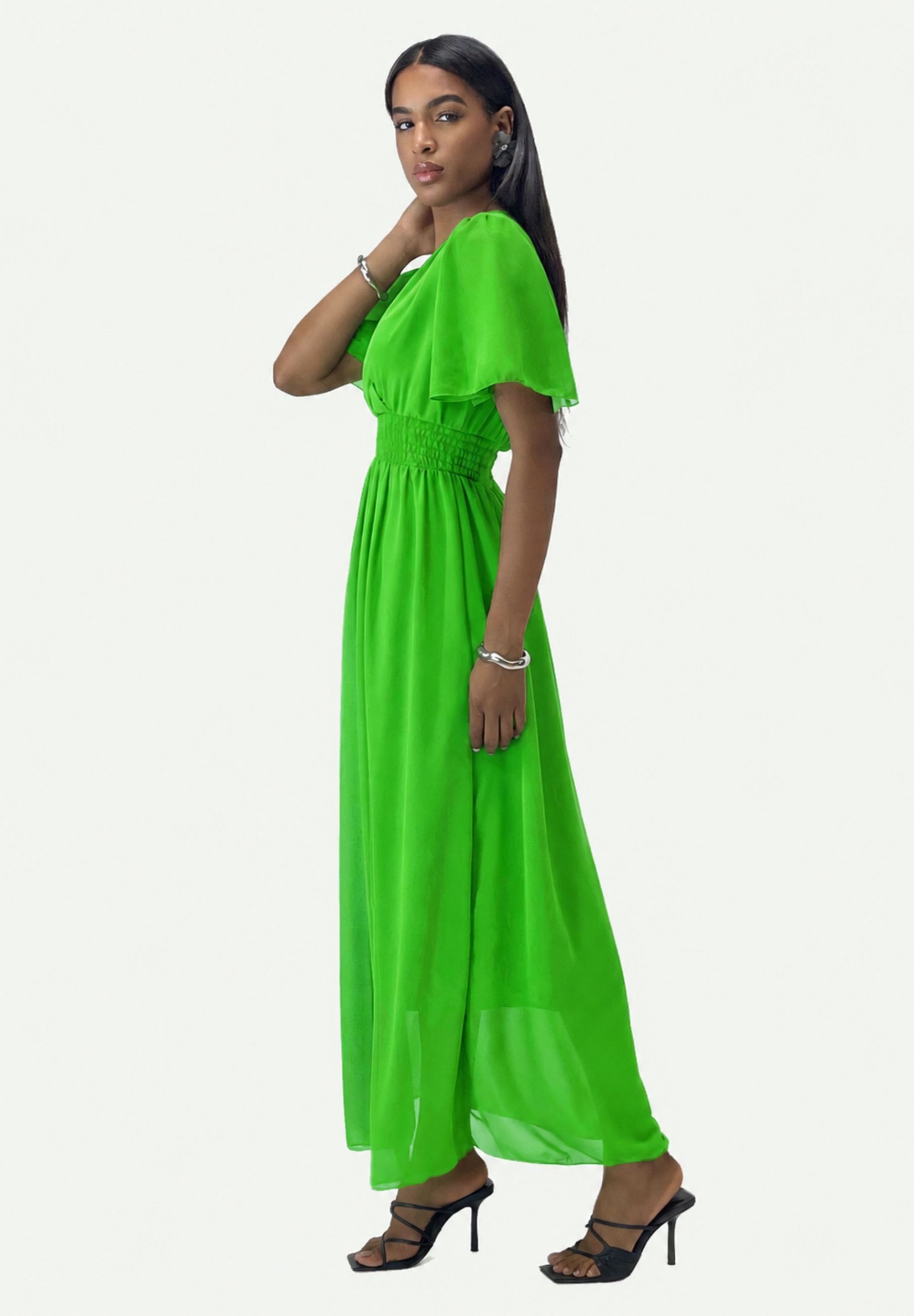 Elara Maxikleid — Damen Sommerkleid mit Wickeloptik, Smoktaille & Flügelärmeln (1-tlg) – Bild 4 von 5