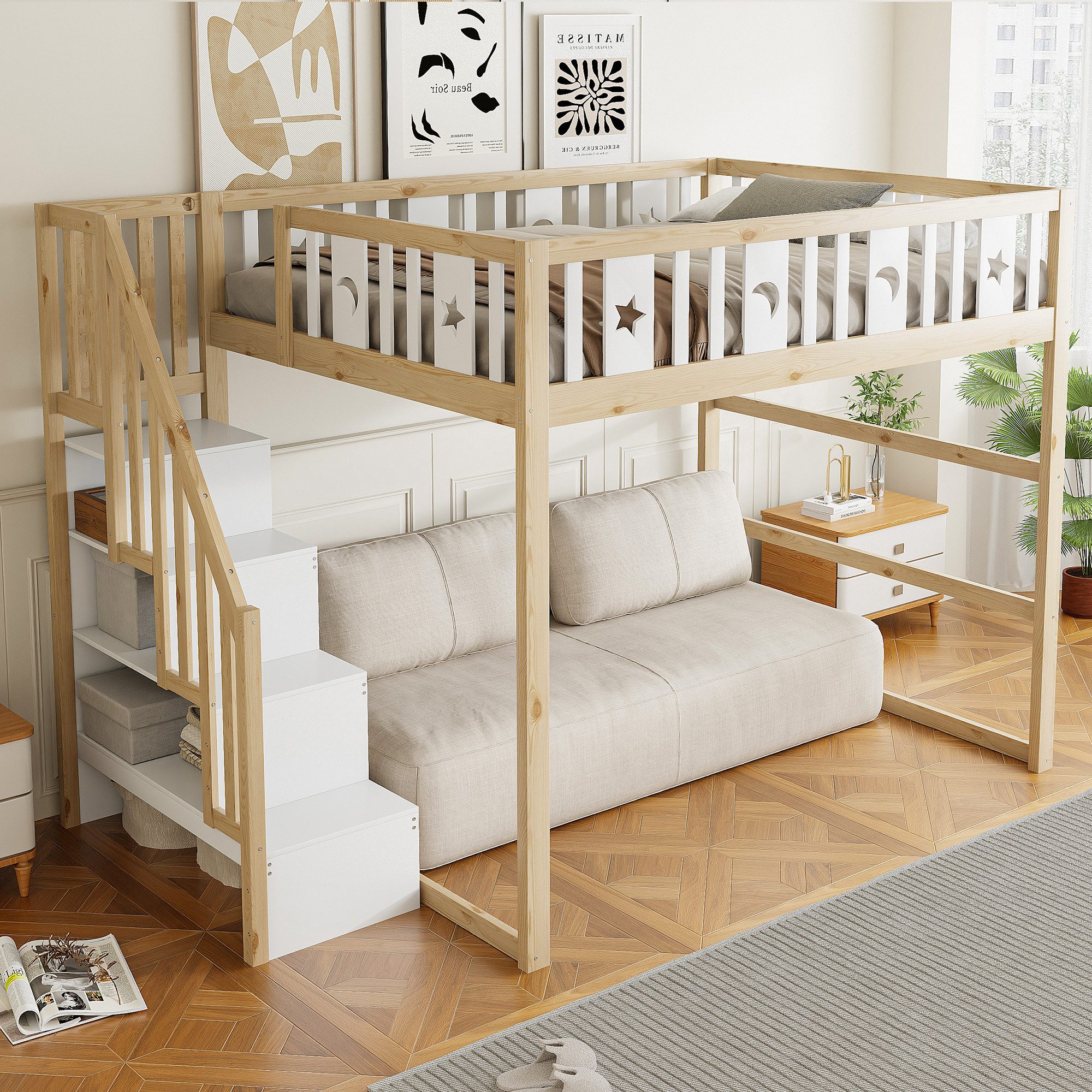 Odikalo Kinderbett Hochbett Jugendbett Holzbett Lagertreppe 90/140x200cm Weiß/Natur+Weiß (Etagenbett für Kinder mit Treppe Hochbett aus Massivholz mit Sicherheitsgeländer Stern-und Monddekoration)