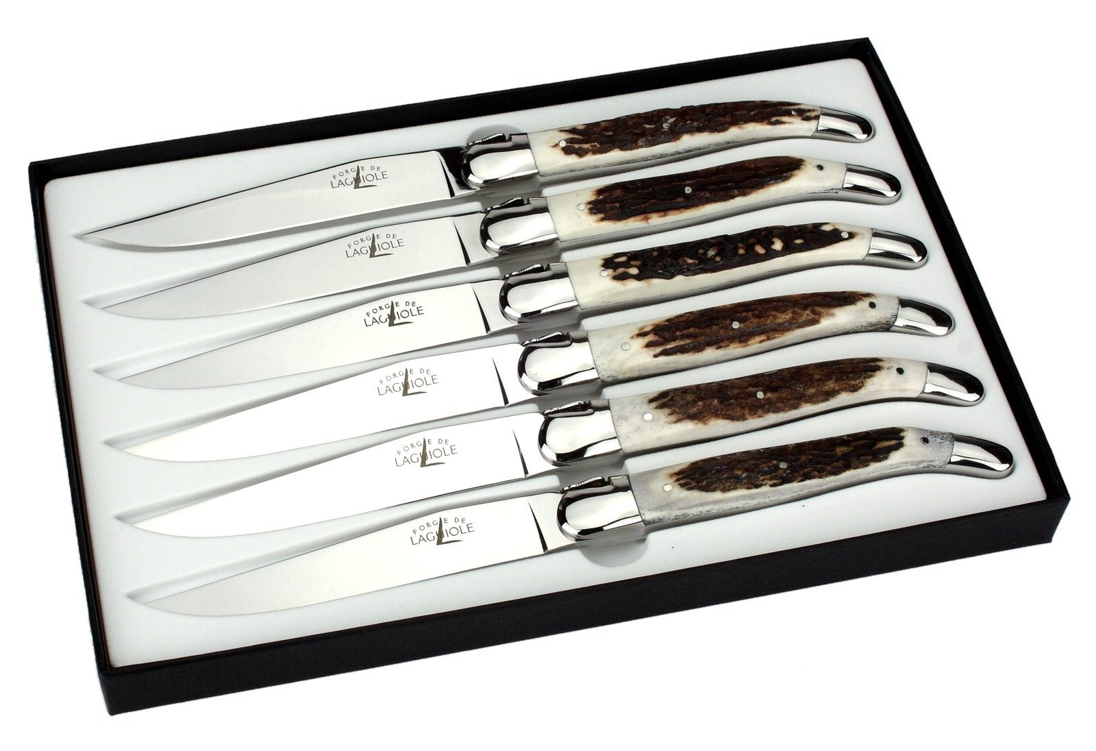 Forge de Laguiole Steakmesser T6 2M IN CF BRI 6er Set - Griff Hirschhorn - Stahl glänzend - Aufbewahrungsbox