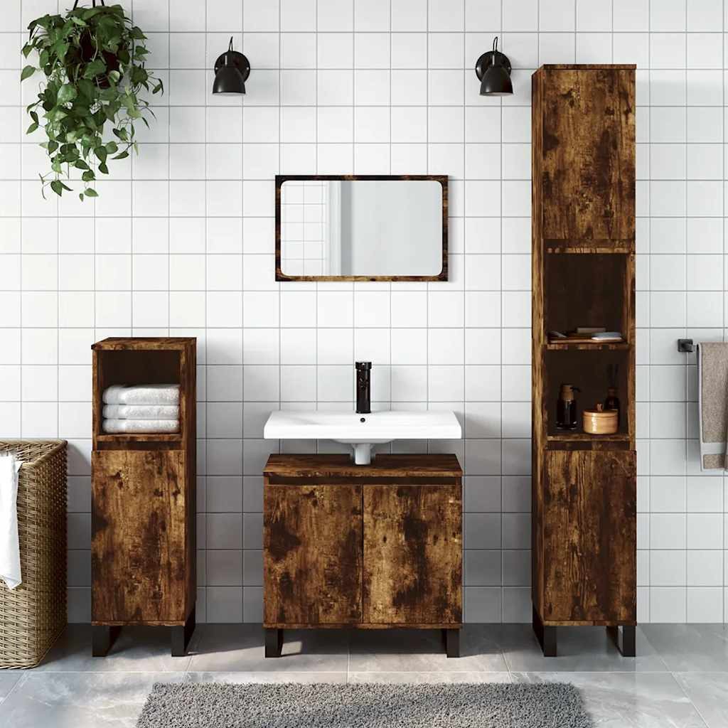Badkommode Badezimmerschrank 58x33x60 cm in Räuchereiche mit Eisenfüßen