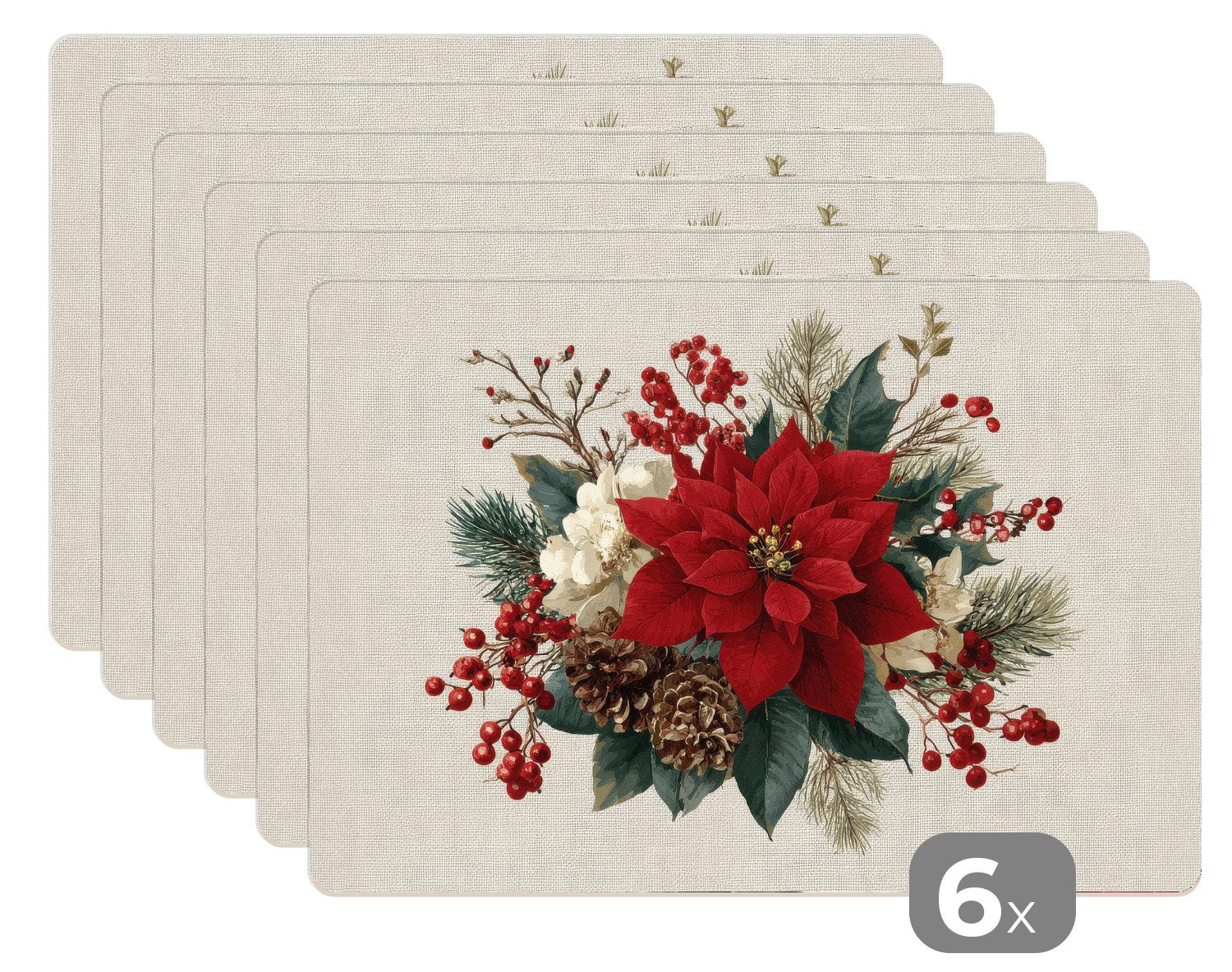 MuchoWow Platzset Weihnachtsgesteck - Weihnachtsstern - Tannenzapfen - Rot, (6-St), Platzsets, Tischset, Abwaschbar, Tischsets, Platzdeckchen