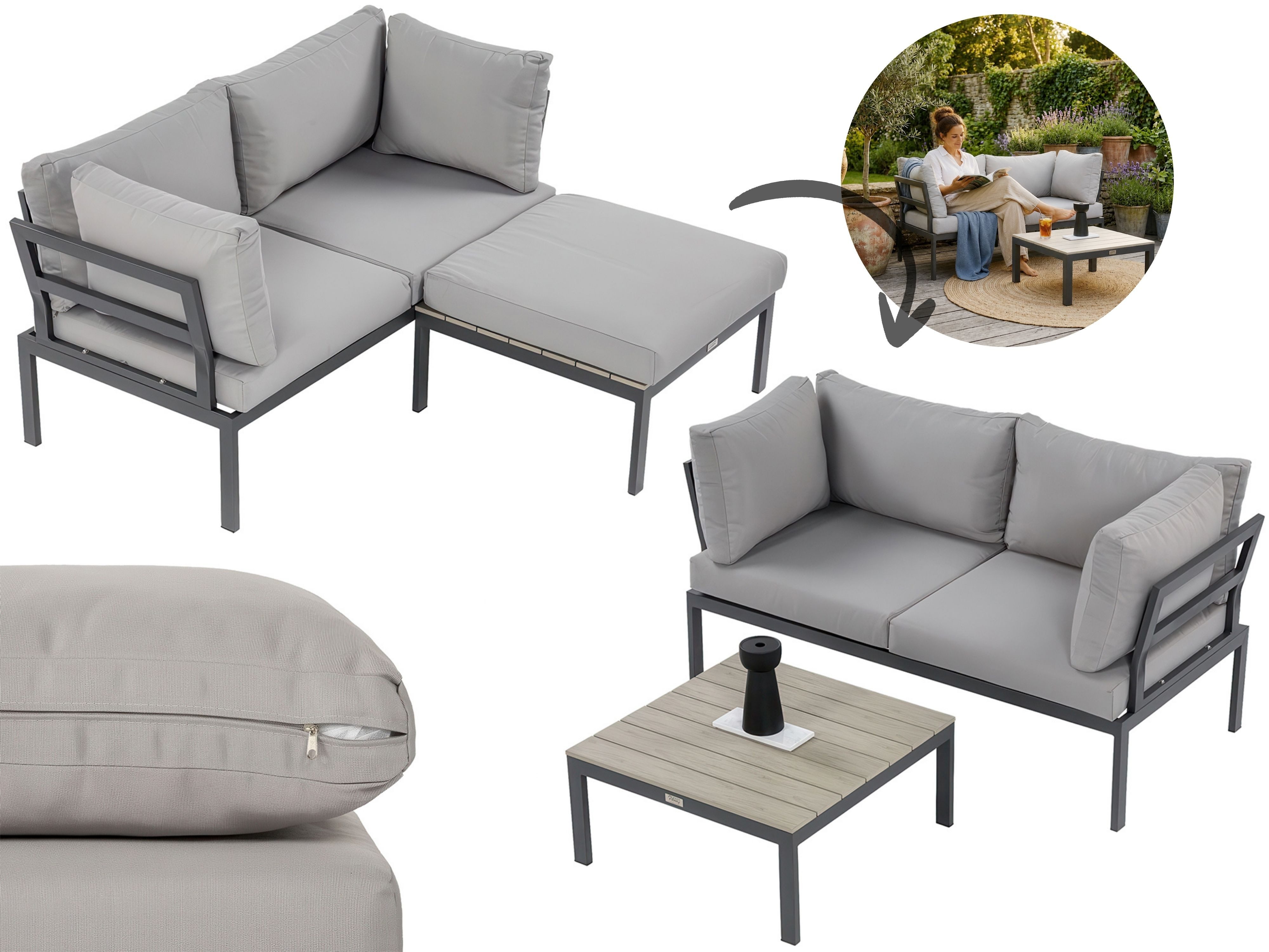 Beautysofa Gartenlounge-Set SANTORINI Hellgrau, modulares Ecksofa mit Couchtisch, (verzinkter Stahl pulverbeschichtet, 7 Kissen, 2-tlg., Sofa + quadratischer Tisch), skandinavischer Stil, kompakte Outdoor Lounge für Garten