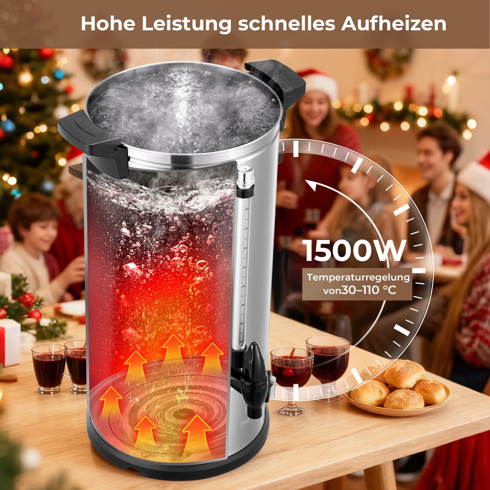 FOHERE Einkoch- und Glühweinautomat 10L Heißgetränke 1500W, 30-110°, 1500 W, mit Auffangschale, Überhitzungsschutz, Füllstandsanzeige