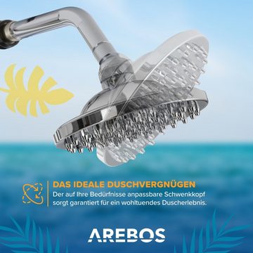 Arebos Solardusche 60L mit Thermometer und Handbrause schwarz-silber mit Bodenplatte (Set, mit Bodenplatte und Abdeckhaube), Holzoptik