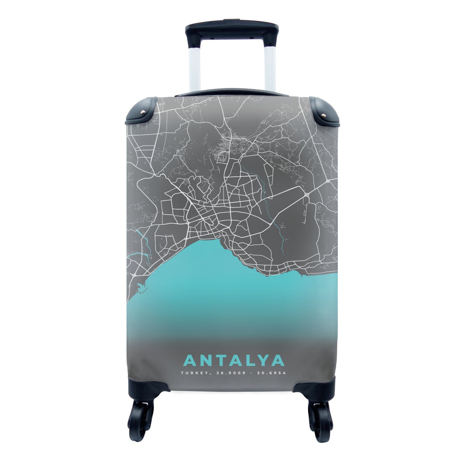 MuchoWow Handgepäckkoffer Antalya Reisetasche - - für Handgepäck Reisekoffer Blau, rollen, Stadtplan Karte mit Trolley, 4 Ferien, - Rollen