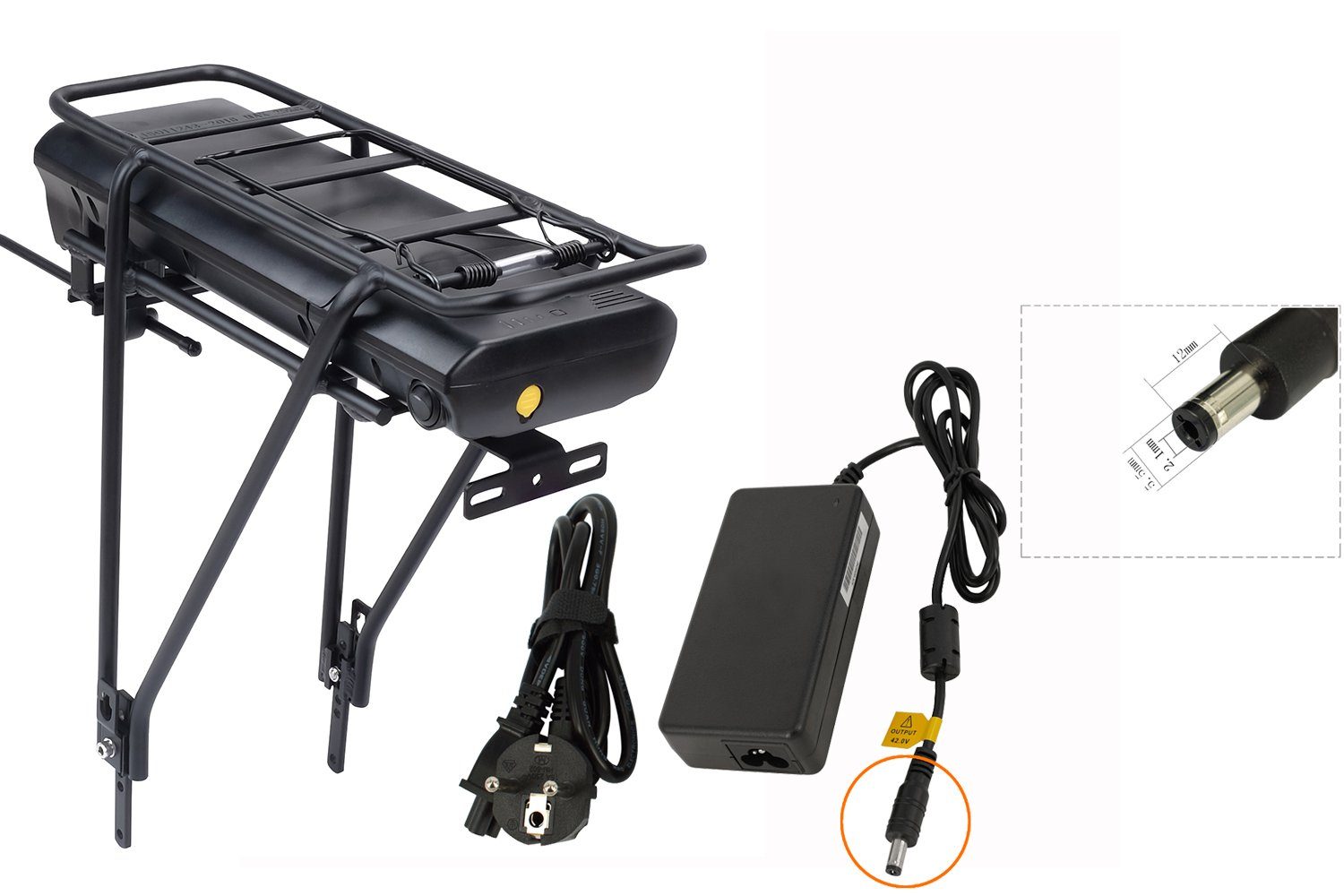mAh schwarz Gepäckträger und V) Fahrradgepäckträgersitz und Akku (Li-ion) 14000 Lithium-ion 14Ah Batteriehalterung Umbausatz LEB36HS92B.916 E-Bike Ladegerät (36 mit PowerSmart