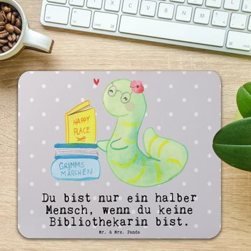 Mr. & Mrs. Panda Mauspad Bibliothekarin mit Herz - Grau Pastell - Geschenk, Mousepad, Bücherwu (1-St)