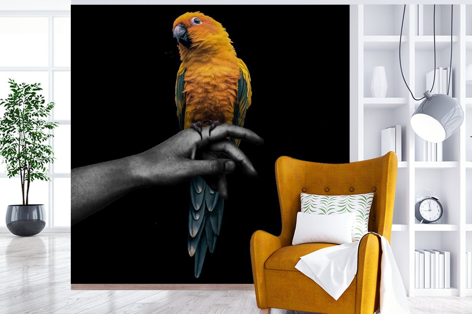 oder (5 Wohnzimmer Fototapete Schlafzimmer, St), Gelb, Wandtapete Hand Vogel Matt, - für Vinyl Tapete bedruckt, Papagei MuchoWow - -
