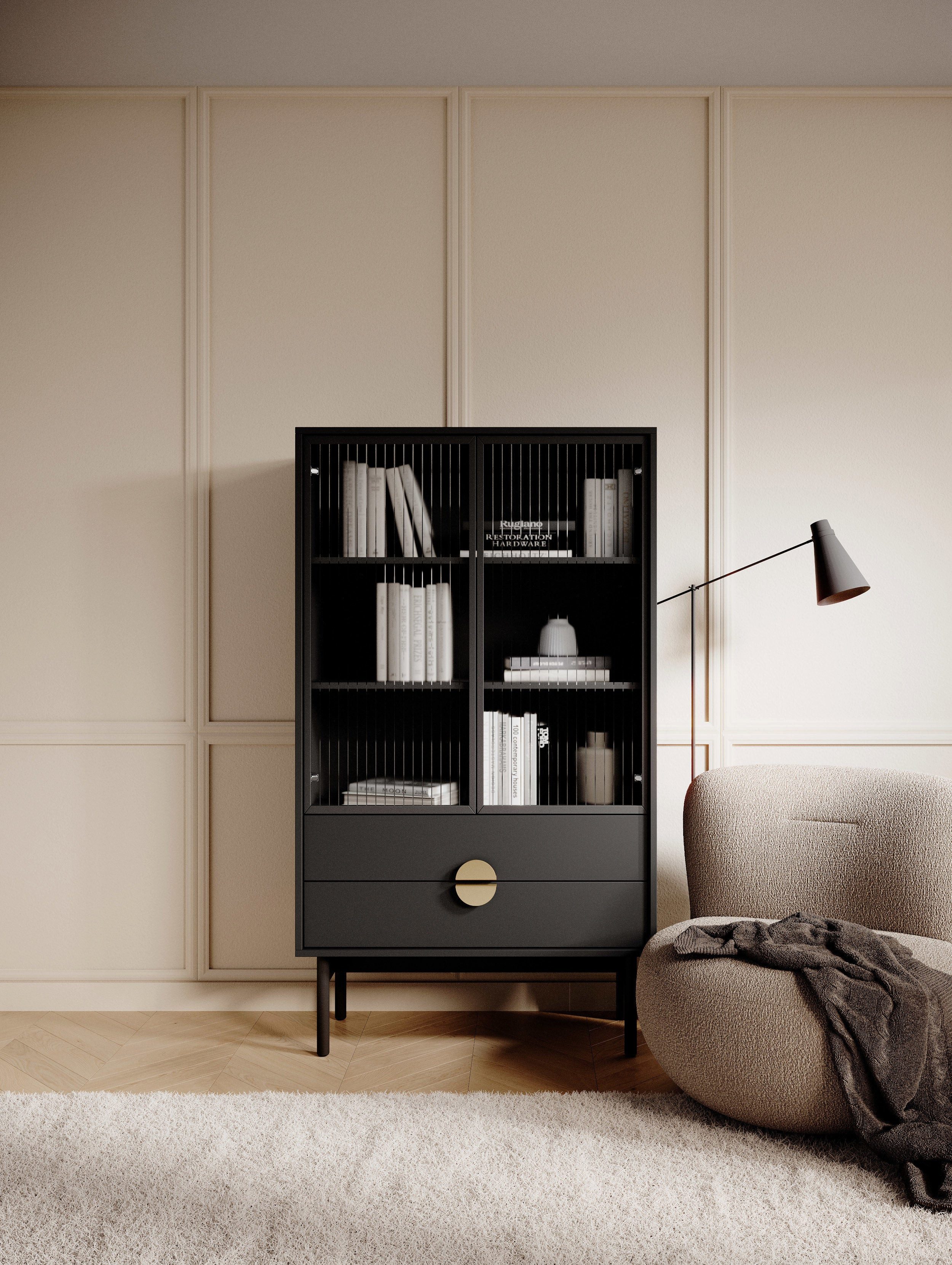 Selsey Standvitrine STOON II Elegante niedrige Vitrine in Schwarz: 3 Fächer, 2 Schubladen.