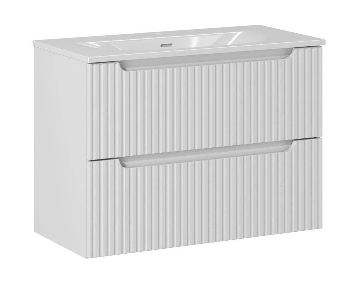 einfachgutemoebel Waschtisch-Set Bad Waschplatz ILUNA White 80cm Schubfach, mit Einbaubecken, weiß, (Badmöbel Set, 1-St., Waschtisch Unterschrank)