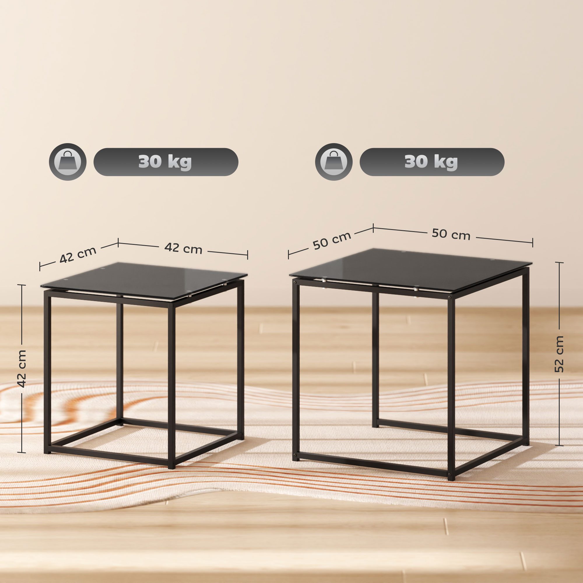 HOMCOM Beistelltisch Couchtisch-Set, Kaffeetisch mit Glasplatte, quadratisch (Couchtisch-Set, 2-St., Kaffeetisch), Stahl Schwarz