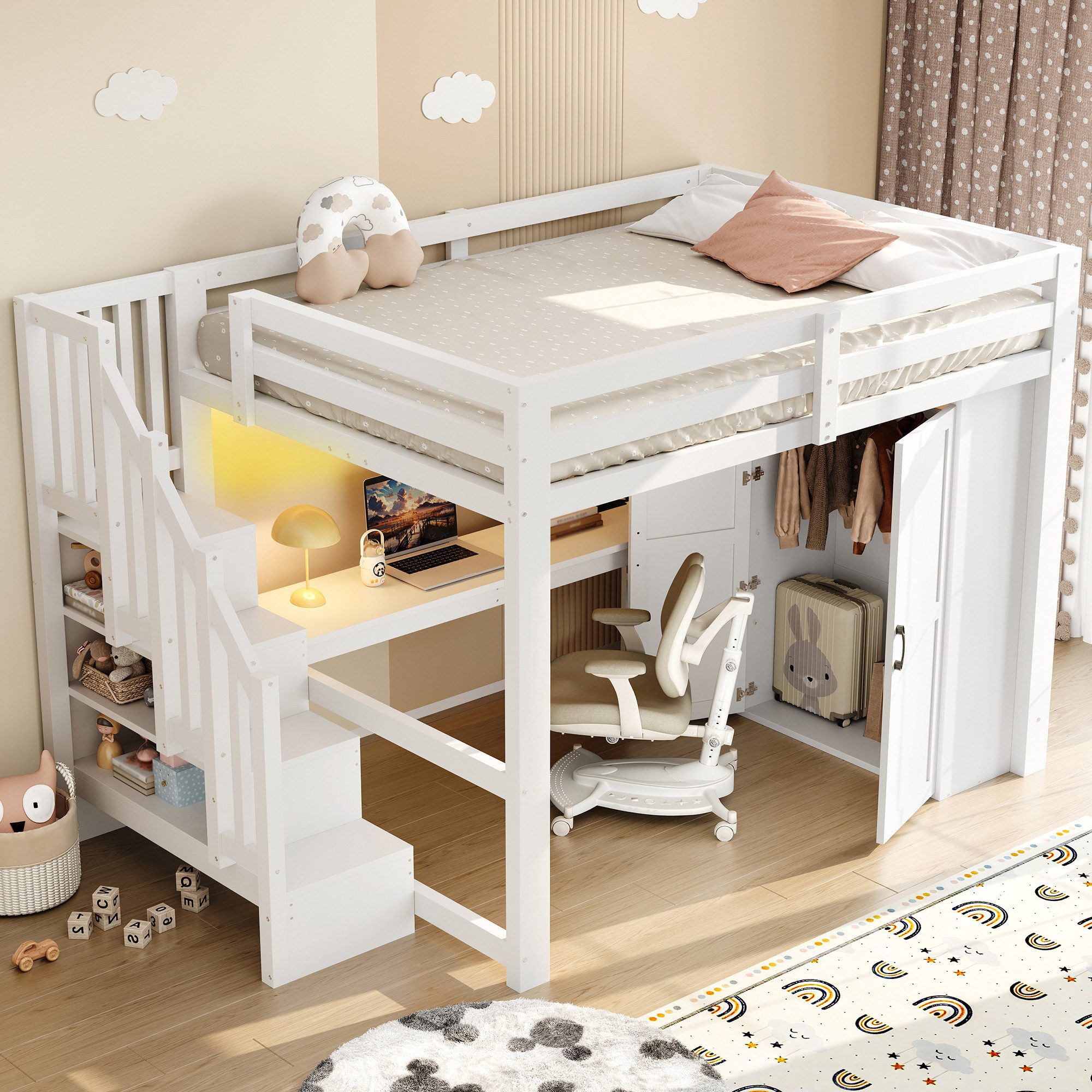 Odikalo Hochbett 140x200 Kinderbett Jugendbett mit Schreibtisch Kleiderschrank und LED (mit Schreibtisch und Regal, Kleiderschrank, Stauraumtreppe, USB und LED- – Bild 2 von 5