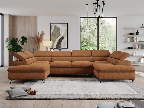 MKS MÖBEL Ecksofa PEDRO U, große U-förmige Ecke, Schlaffunktion, mit verstellbaren Kopfstützen Struktur Oranga Matana