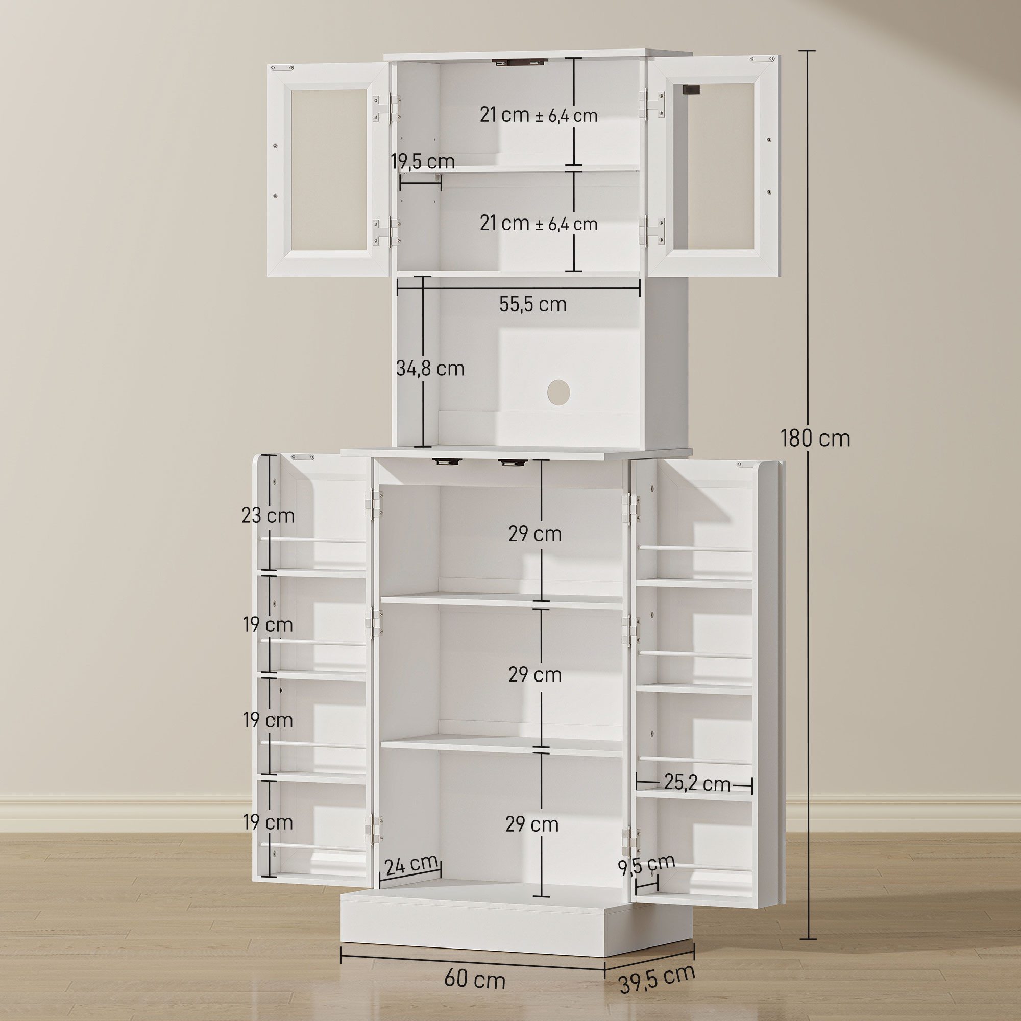 HOMCOM Küchenbuffet Küchenschrank, Buffetschrank mit 4 Türen, Arbeitsplatte (Vitrinenschrank, 1-St., Hochschrank) für Küche, Esszimmer, Weiß