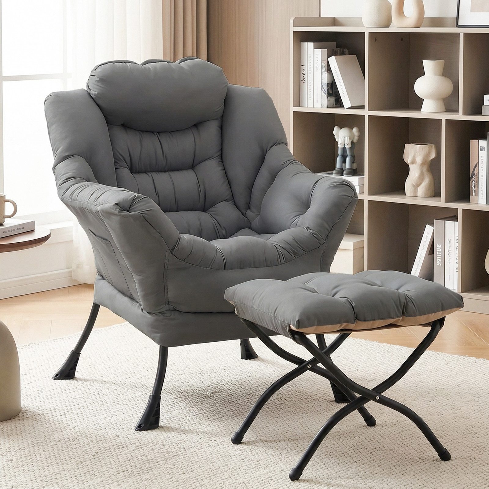 TLGREEN Loungesessel mit klappbarem Fußhocker, ergonomisch Relaxsessel, (Großliegestuhl mit rutschfesten Füßen, Seitentasche und 150 kg Tragkraft, leicht zu reinigendes Material), ideal für Wohnzimmer, Schlafzimmer und Arbeitszimmer