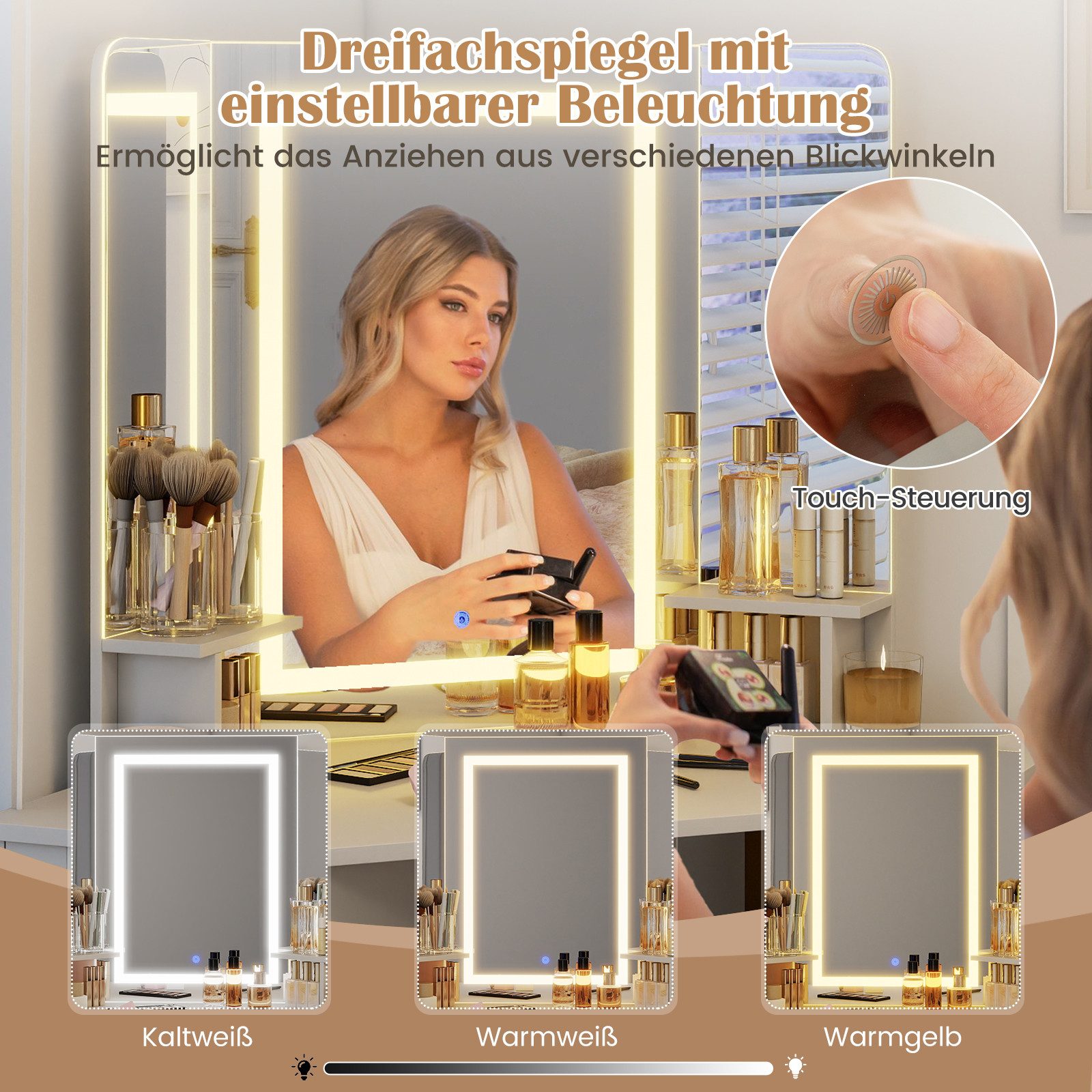 COSTWAY Schminktisch (1-St), Eck-Frisiertisch Set, LED Kosmetiktisch mit Hocker