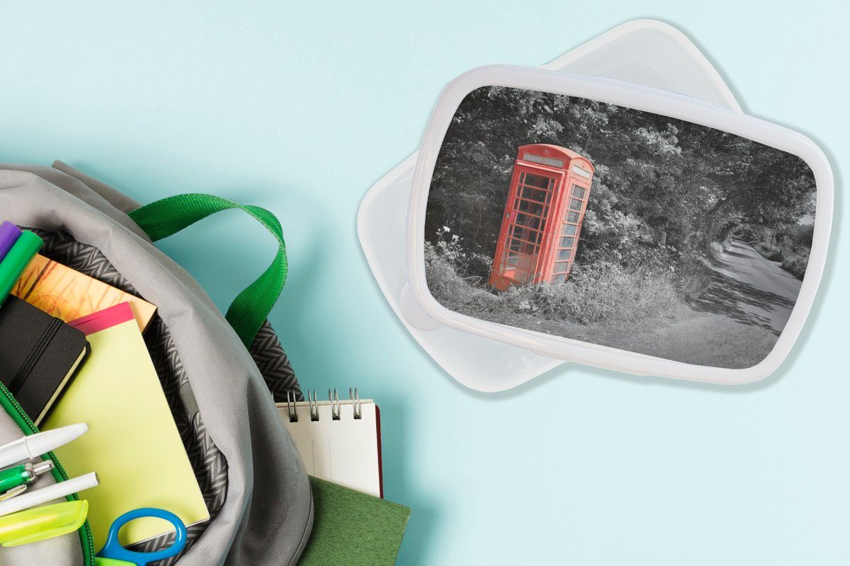und für (2-tlg), MuchoWow Schwarz-Weiß-Foto im, Kunststoff, Mädchen britischen Lunchbox und Kinder für roten Jungs Telefonzelle einer Brotbox Erwachsene, Brotdose, und